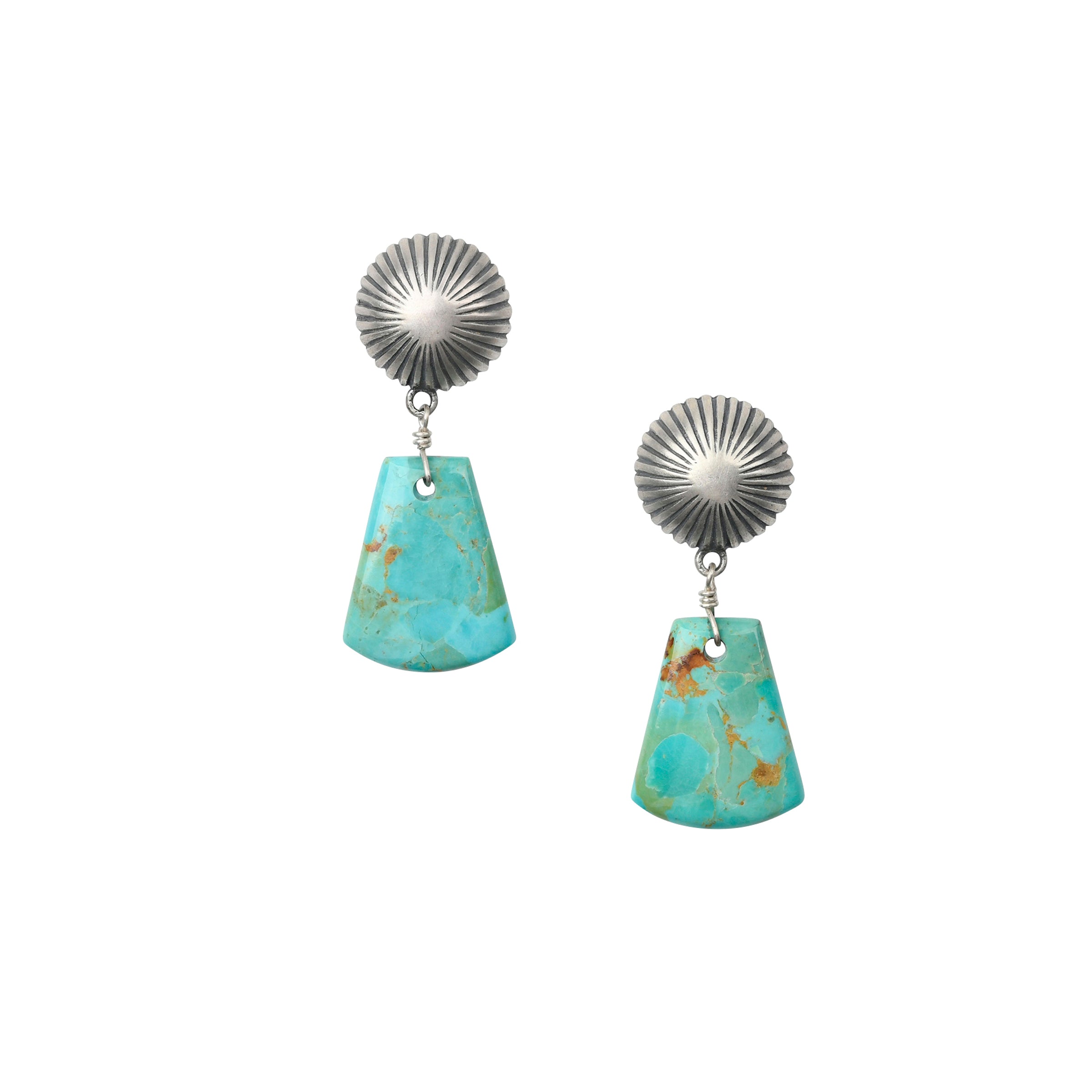 A beautiful set of earrings made with Blue/Green Turquoise hung from starburst conchos