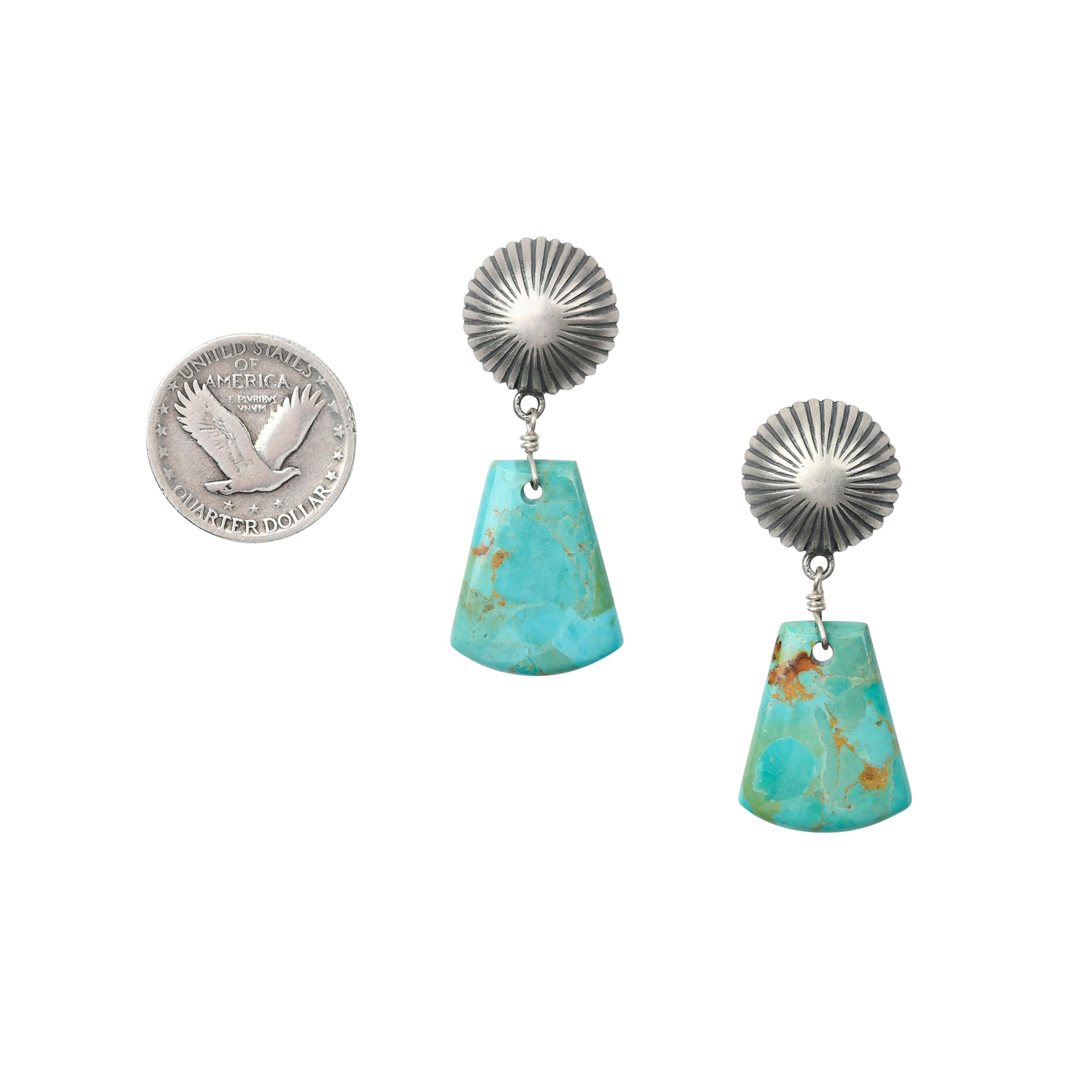 A beautiful set of earrings made with Blue/Green Turquoise hung from starburst conchos