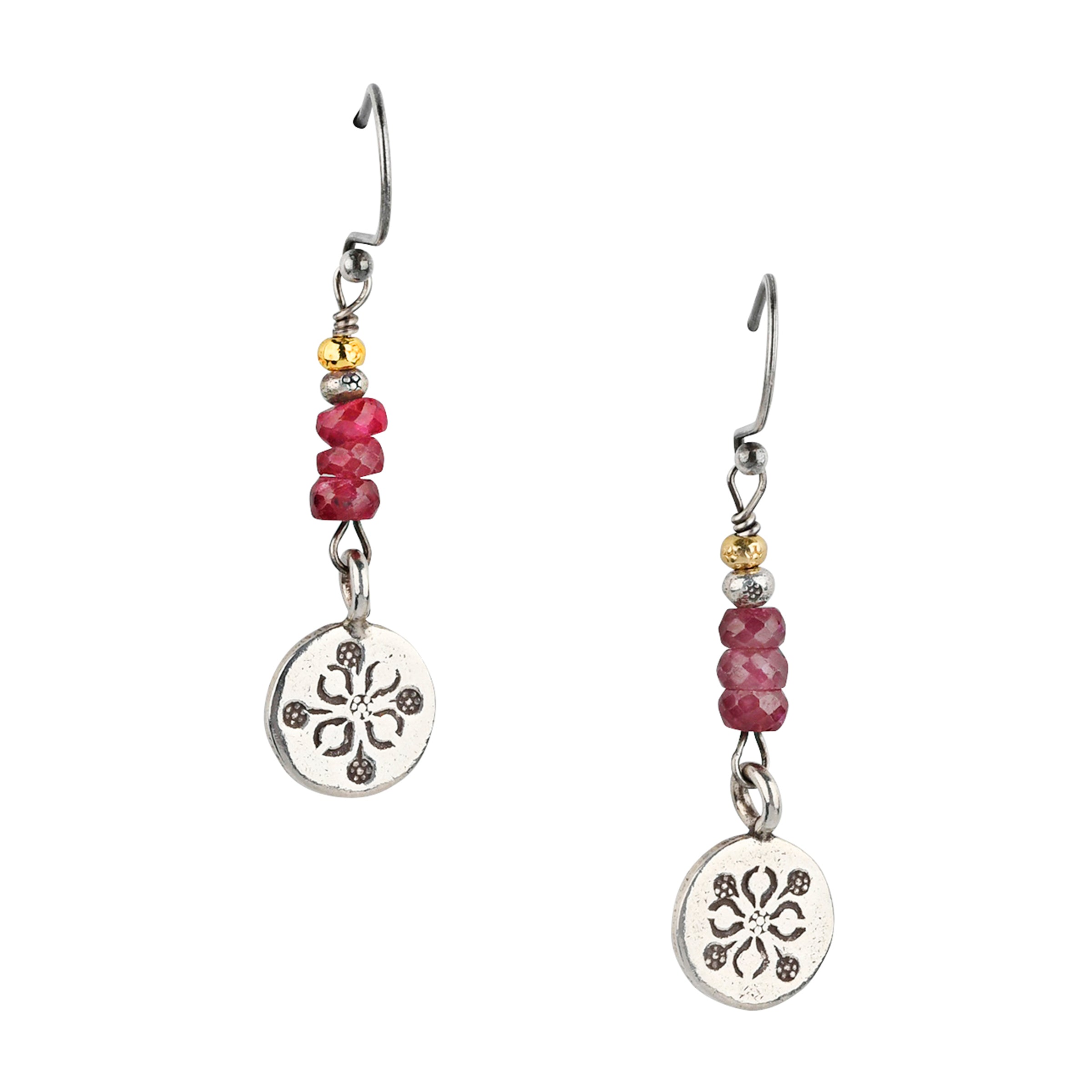 Beaded earrings made with a stamped Sterling Silver coin featuring floral detailing topped with three Ruby gems and 14k Gold Plate detailing.&nbsp;