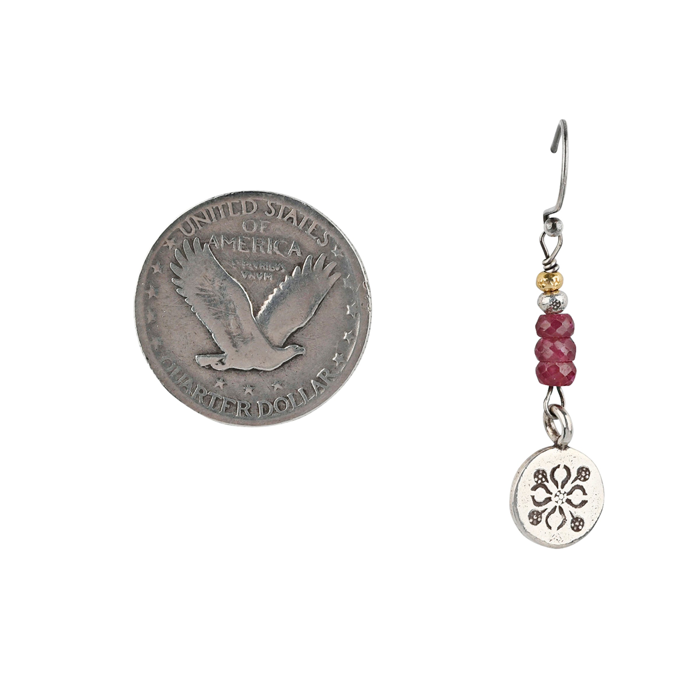 Beaded earrings made with a stamped Sterling Silver coin featuring floral detailing topped with three Ruby gems and 14k Gold Plate detailing.&nbsp;