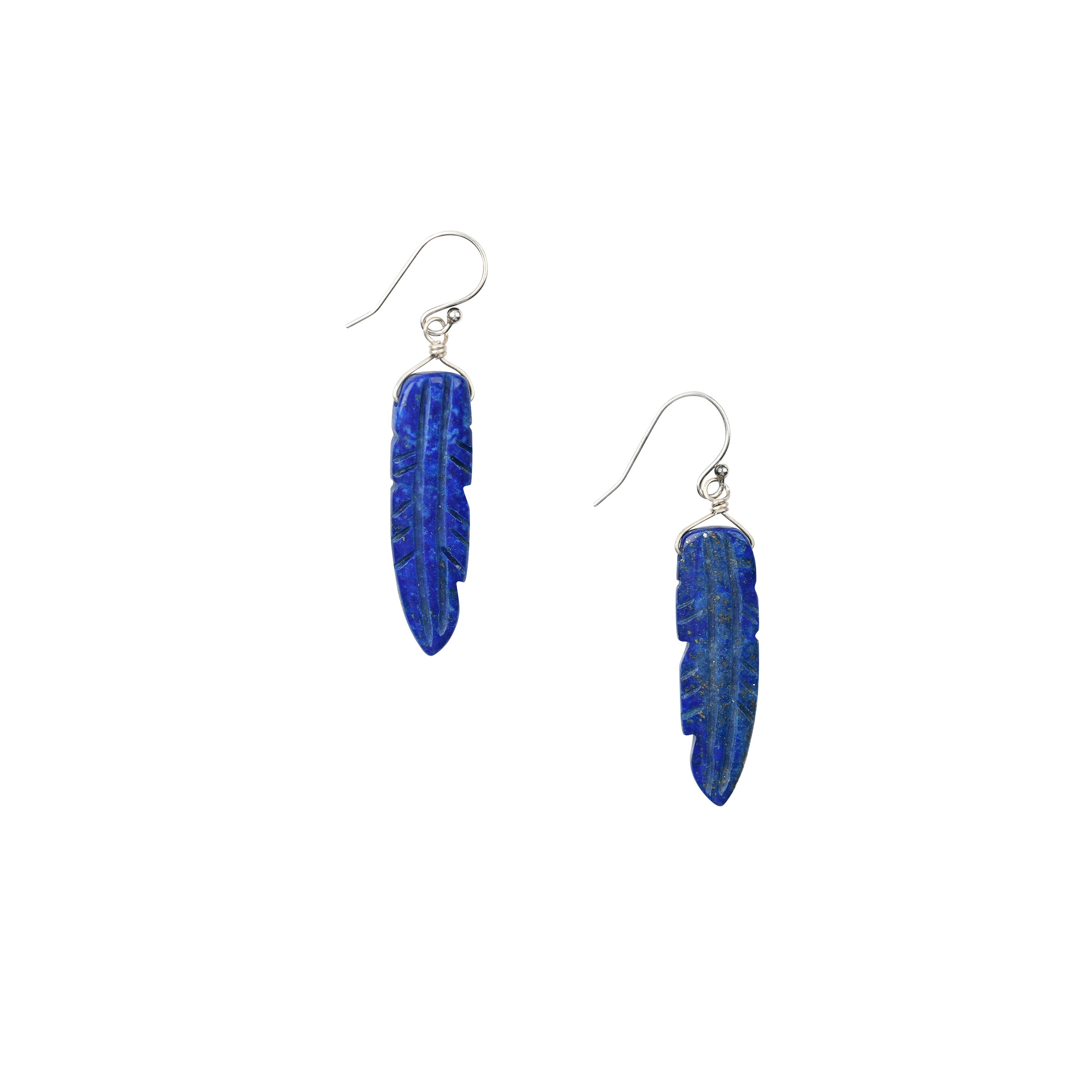 Carved feather earrings made from Lapis and hung on Sterling Silver