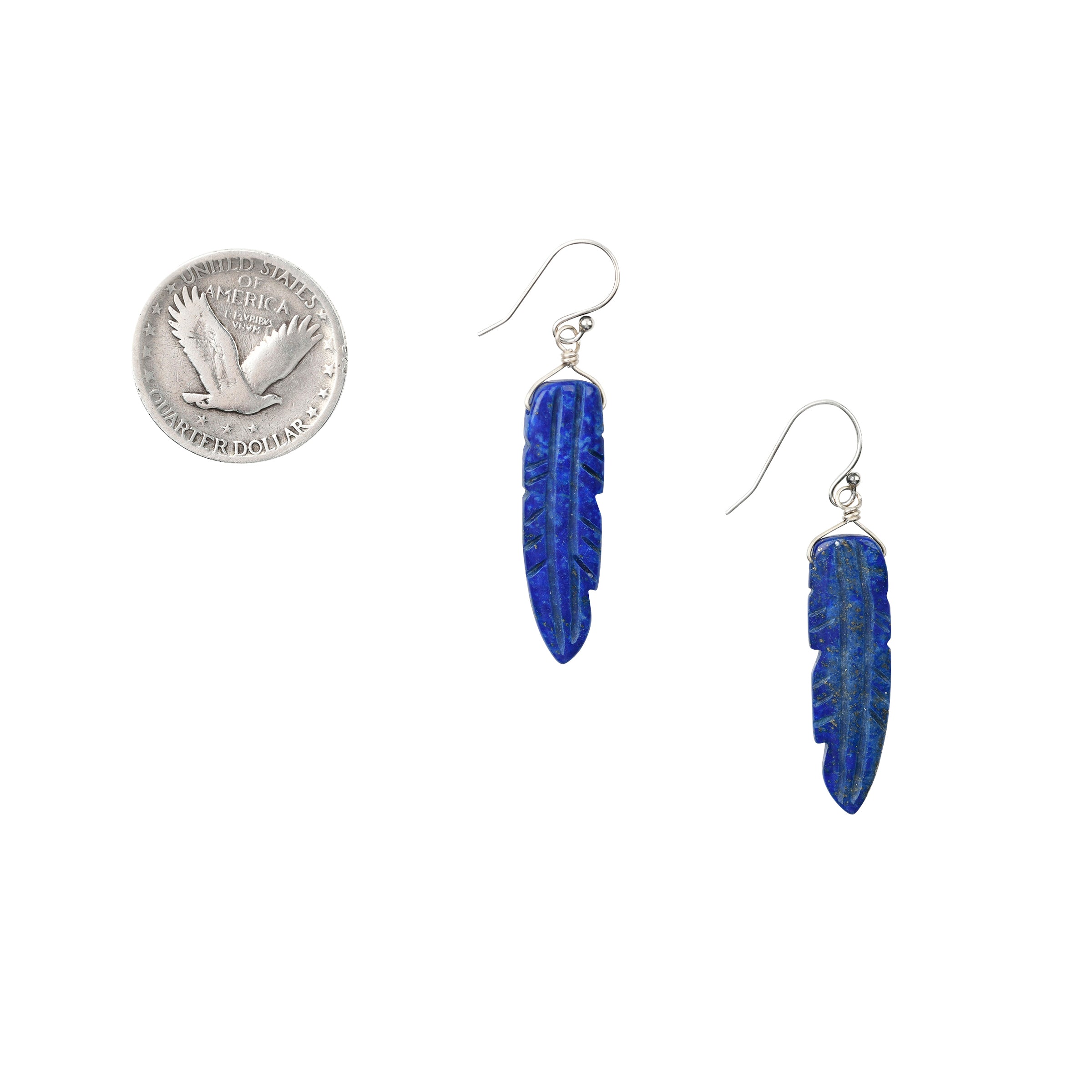 Carved feather earrings made from Lapis and hung on Sterling Silver