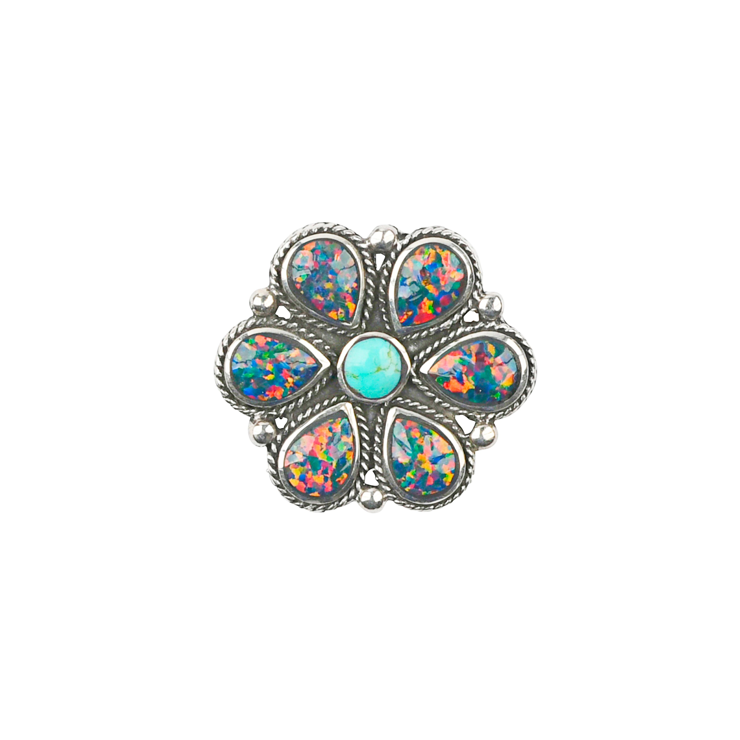 Flower Pin or Hat Tack made of Sterling Silver set with Blue Turquoise and Dark Opal