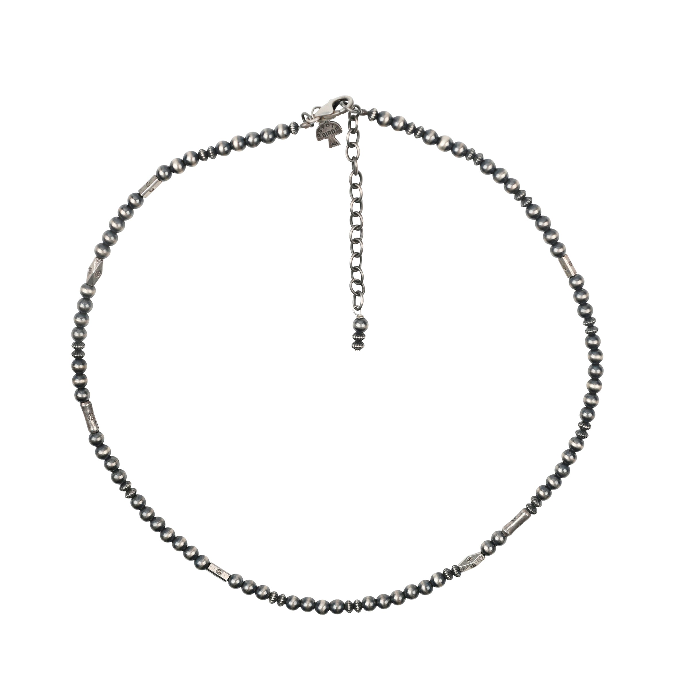 A Peyote Bird Original beaded necklace featuring Desert Pearls, stamped Sterling Silver Thai beading and fully adjustable for a versatile fit.