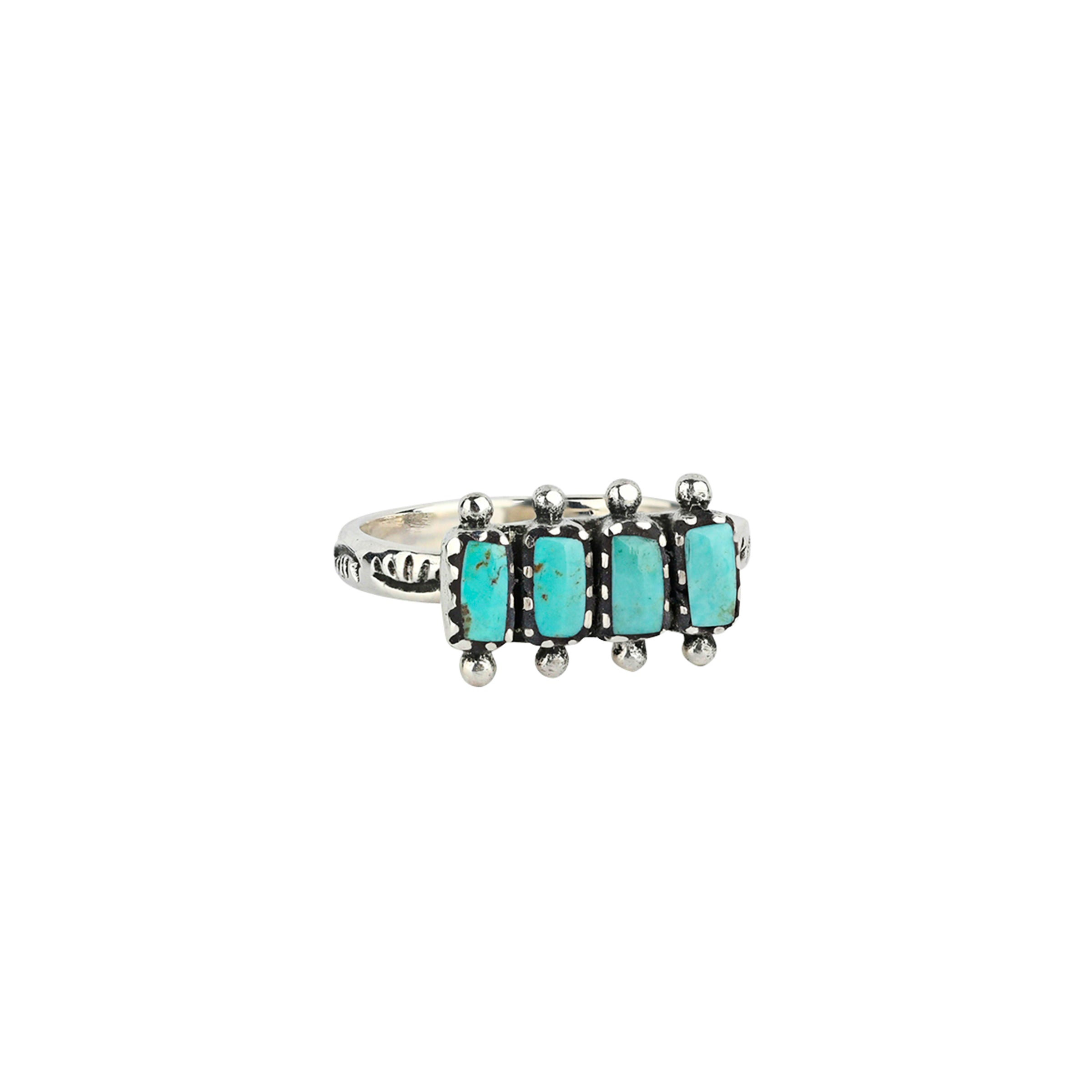 A stamped Sterling Silver Ring featuring four vertical rectangles of Turquoise.