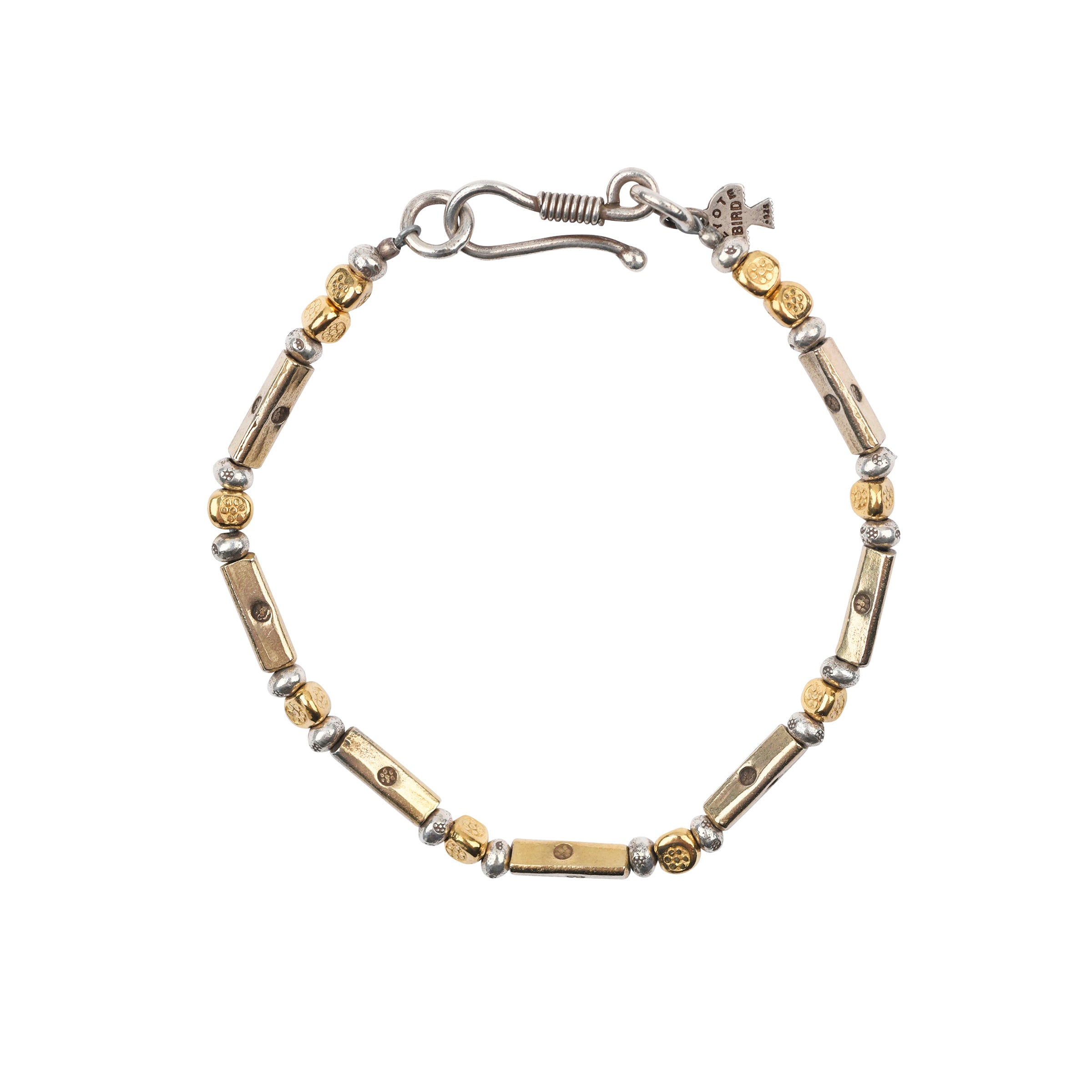 A beaded bracelet strung with 14k Gold Plate stamped Thai beading and Sterling Silver accents