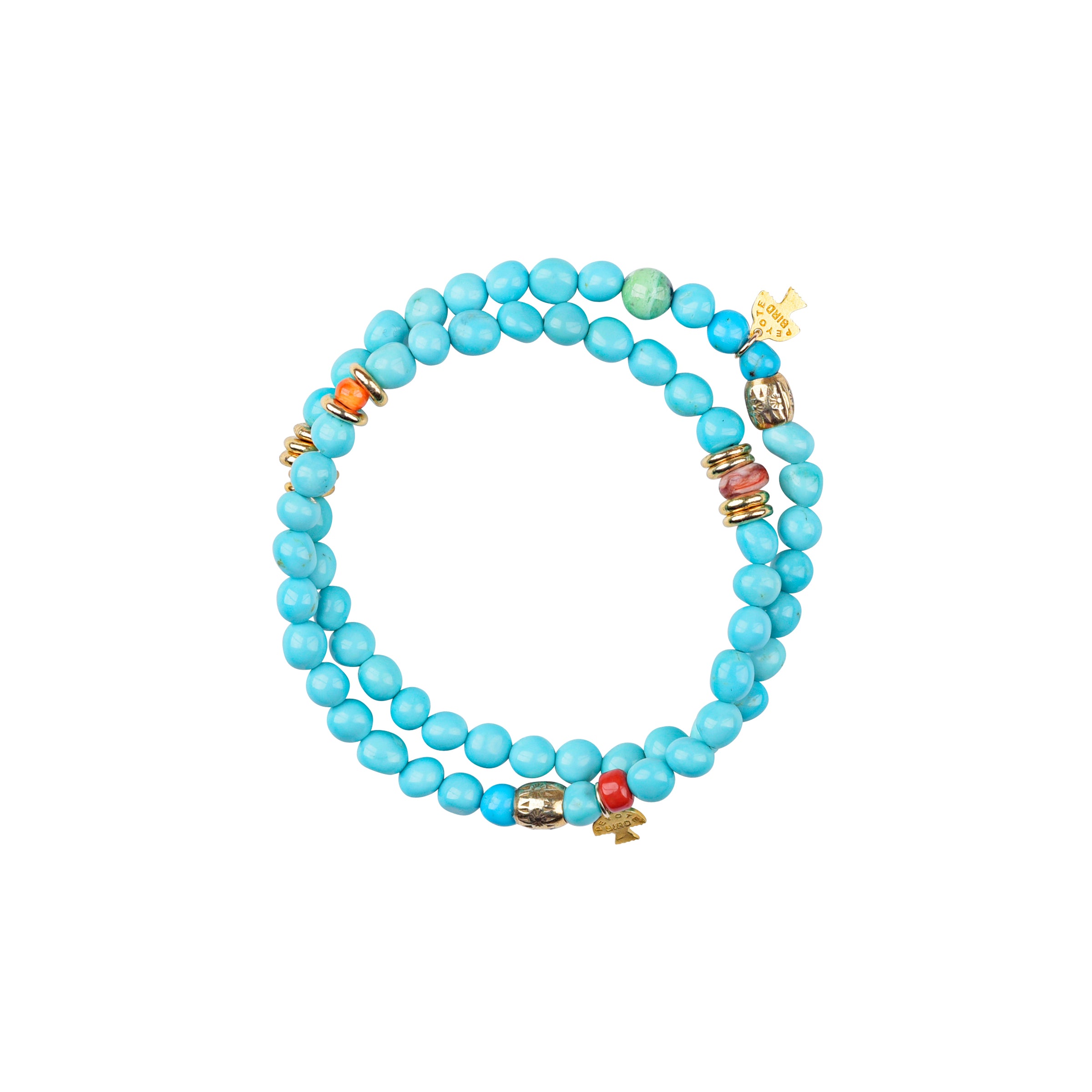 The Western Skies bracelet set features 14K gold, blue turquoise, red coral, and orange spiny oyster shell.