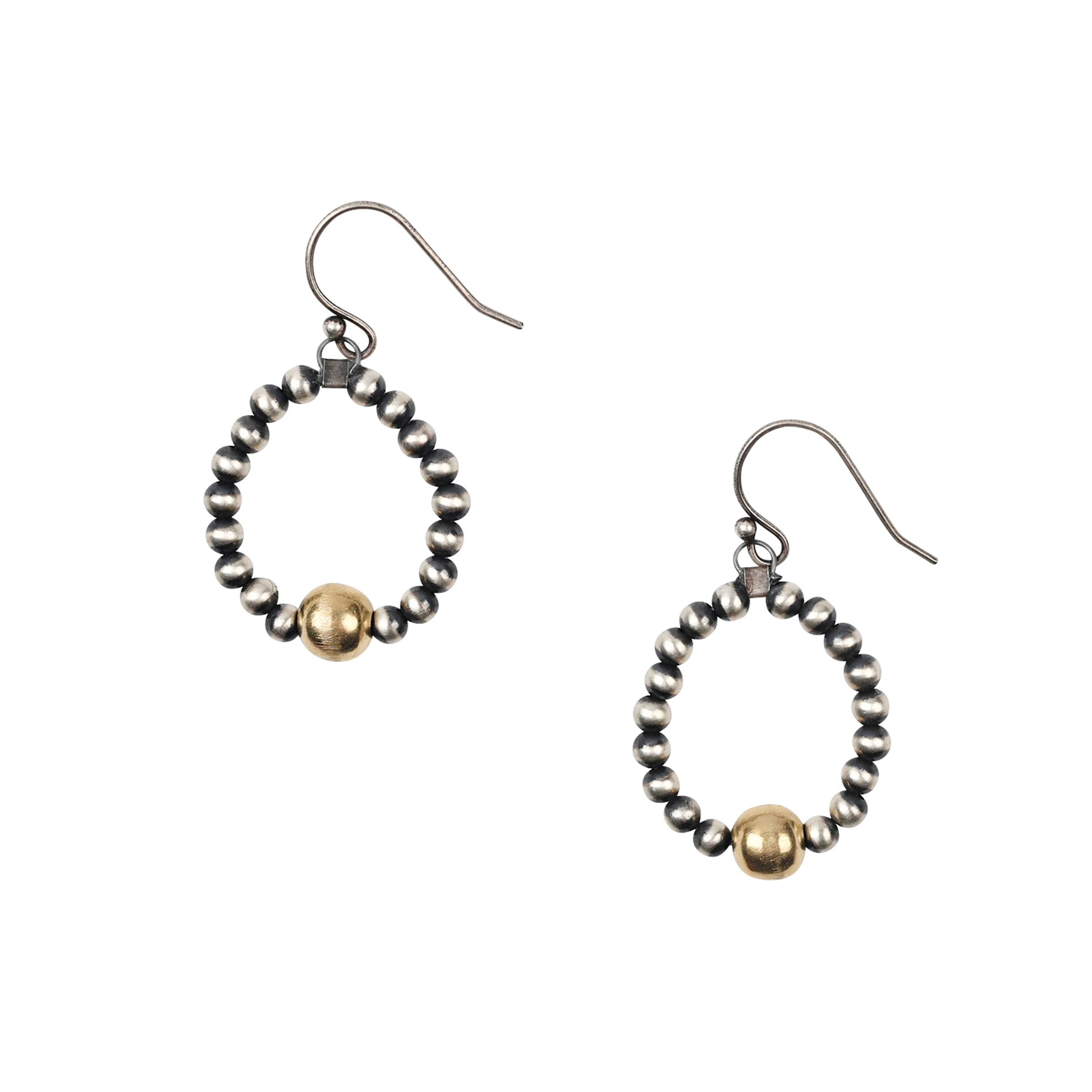 A pair of beaded, loop earrings strung with Sterling Silver Desert Pearls and a 14k Gold Plate bead as the centerpiece at the bottom of the loop.