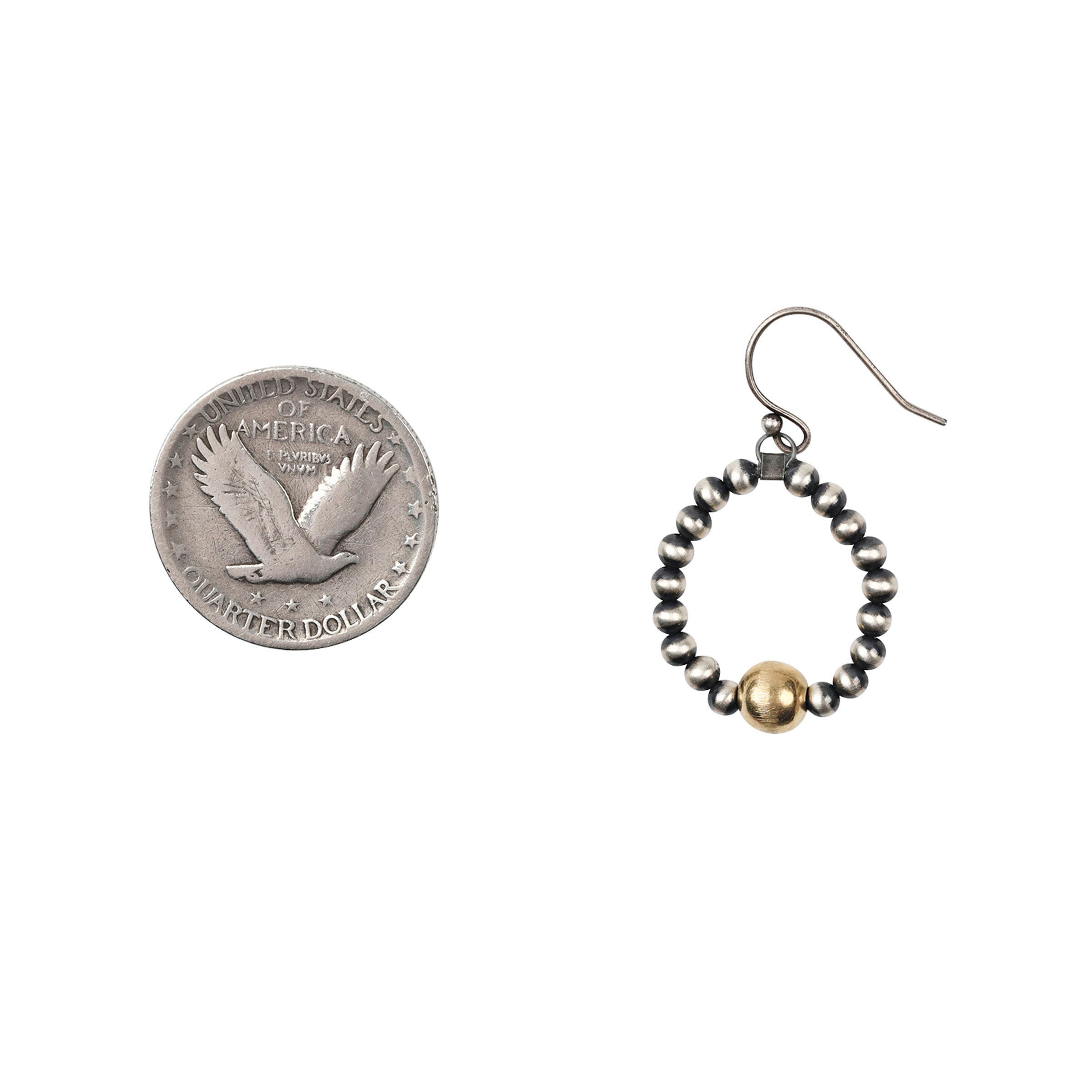 A pair of beaded, loop earrings strung with Sterling Silver Desert Pearls and a 14k Gold Plate bead as the centerpiece at the bottom of the loop.