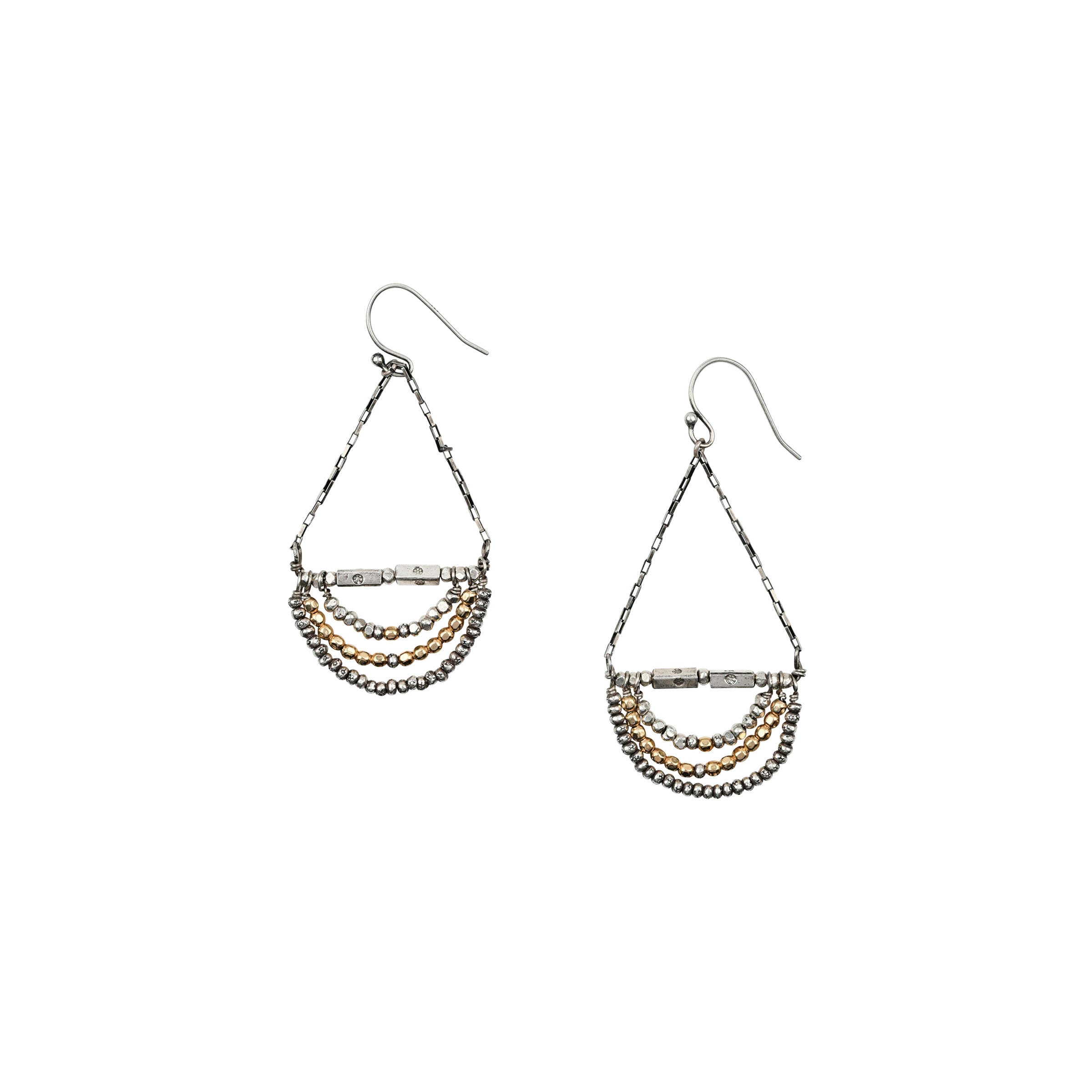Pair of drop earrings strung with stamped Sterling Silver Thai Beading and 14k Gold plate tiny beading.