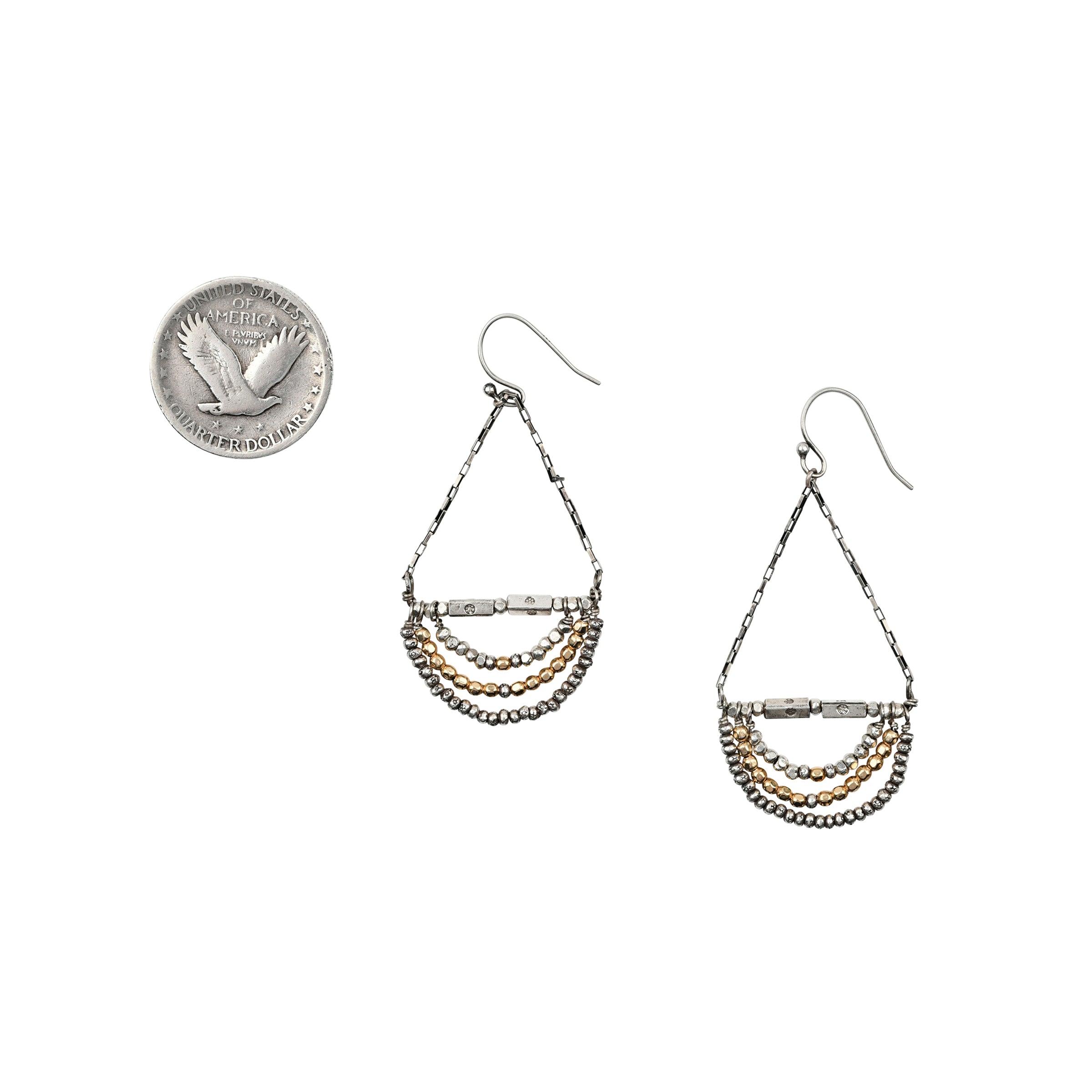 Pair of drop earrings strung with stamped Sterling Silver Thai Beading and 14k Gold plate tiny beading.