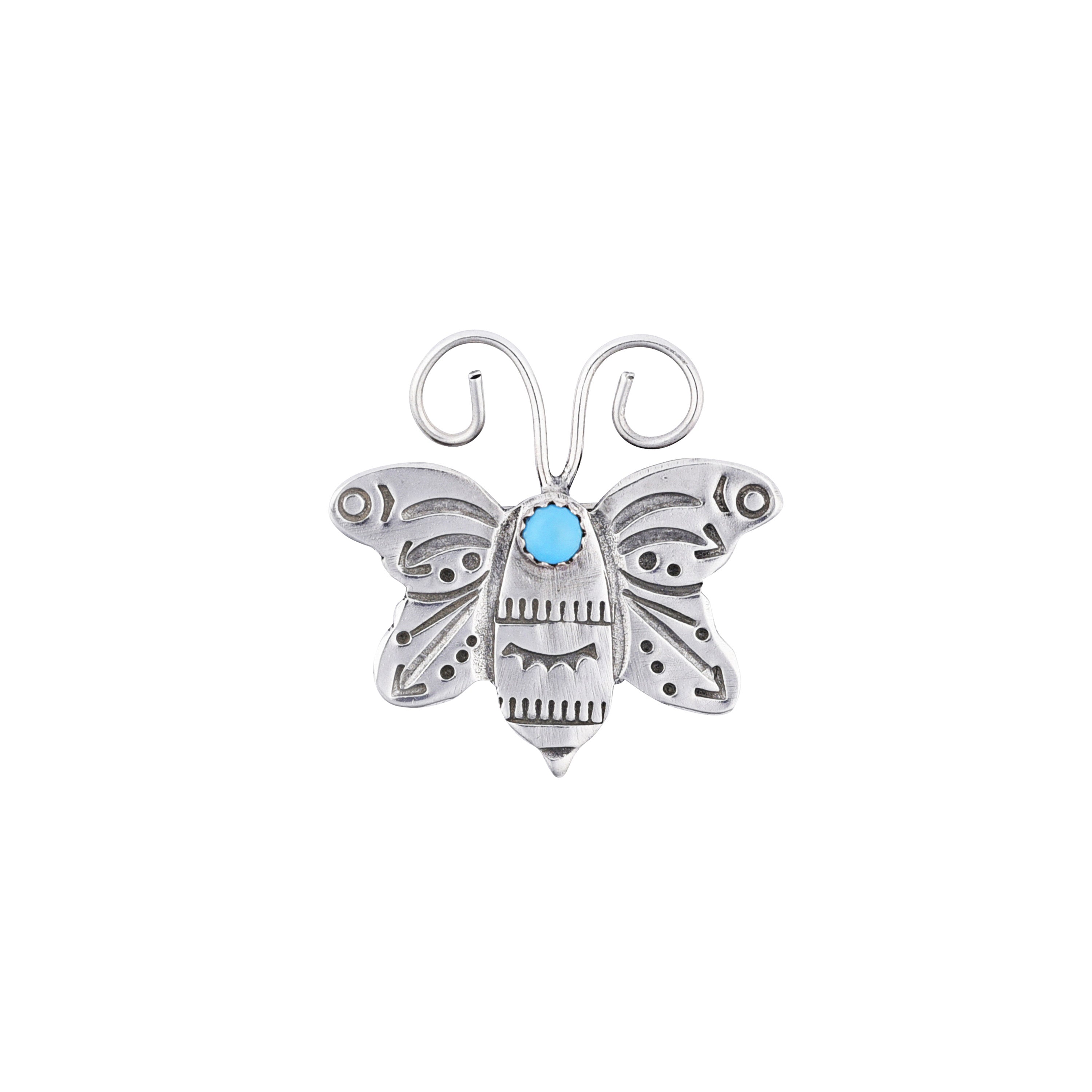 Sterling silver butterfly pin with blue turquoise.