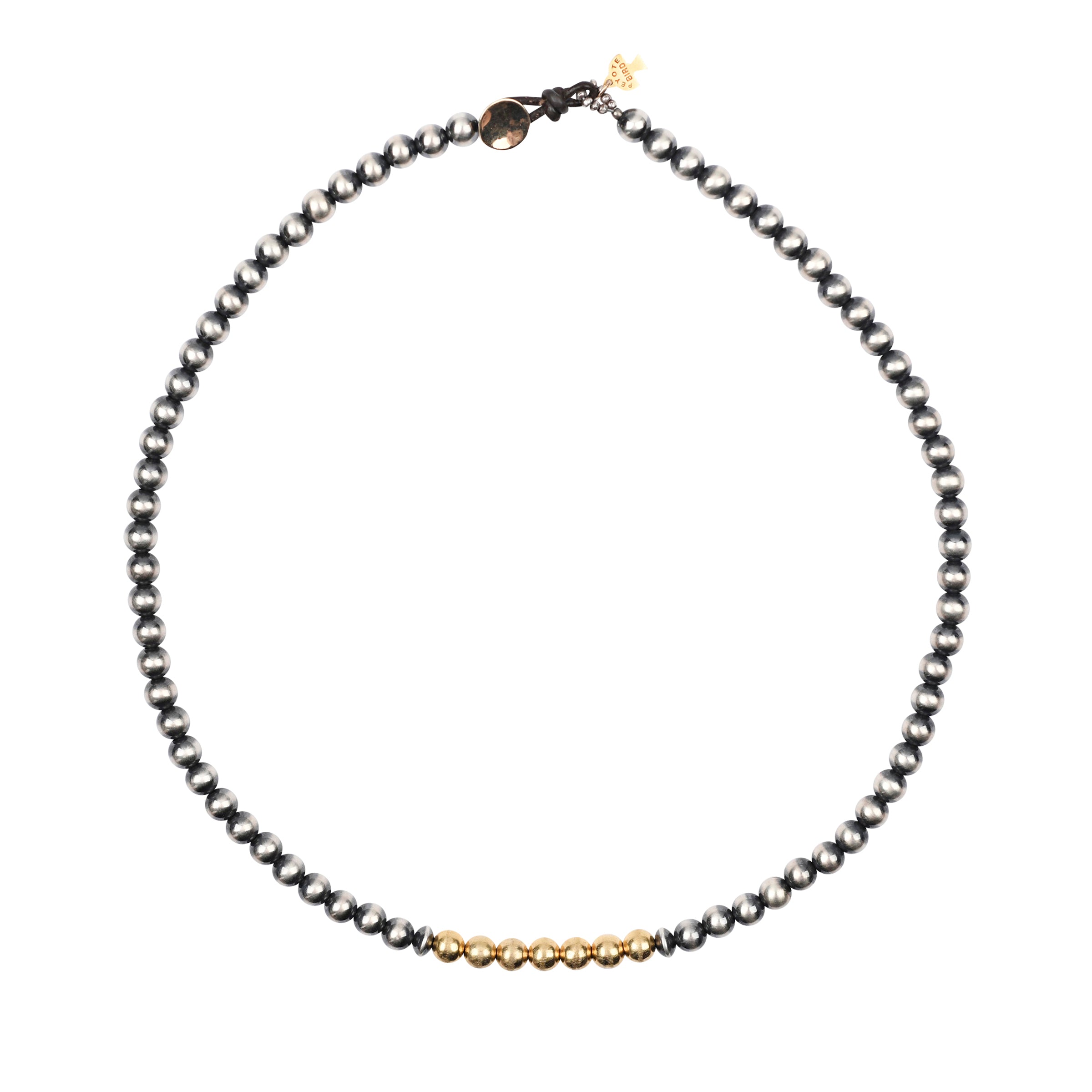The Chiaroscuro Necklace is strung with Sterling Silver Desert Pearls and features a row of 14k Gold Plate beading as the centerpiece.