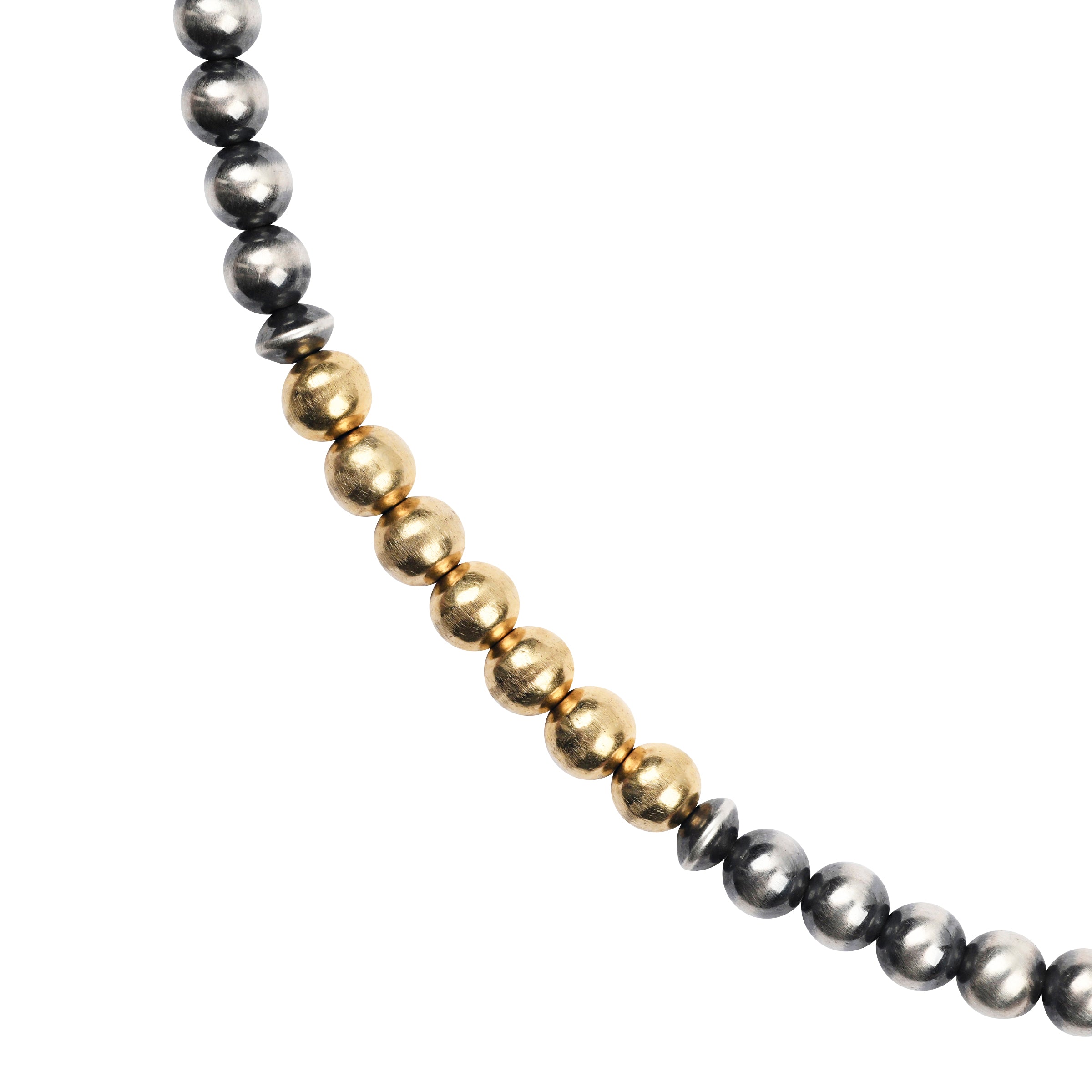The Chiaroscuro Necklace is strung with Sterling Silver Desert Pearls and features a row of 14k Gold Plate beading as the centerpiece.