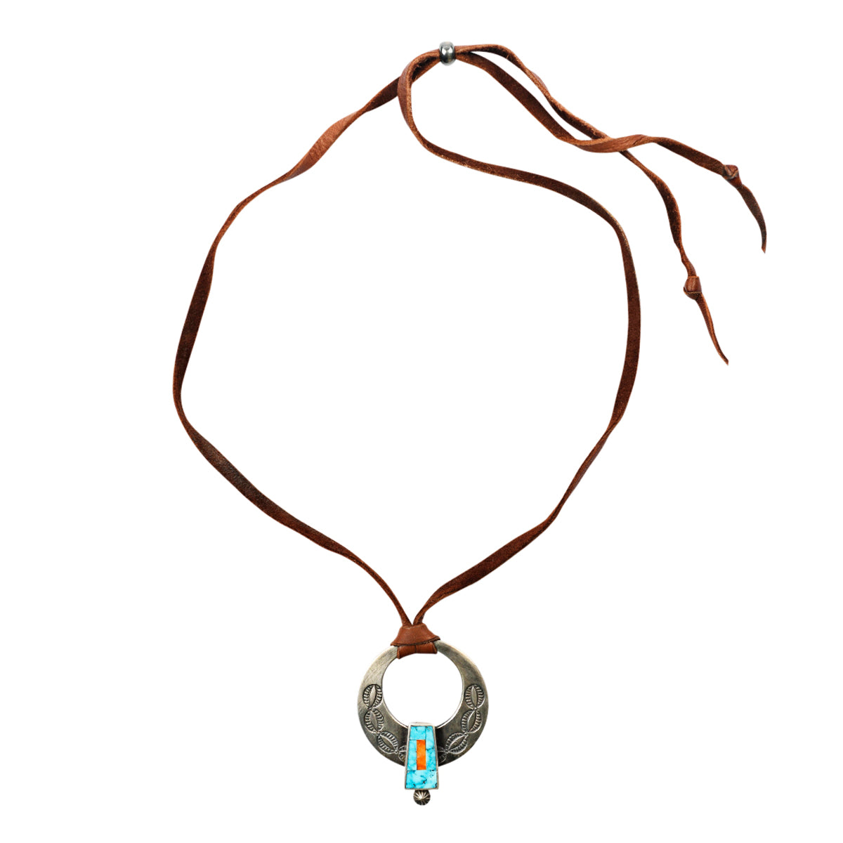 An inlayed pendant featuring Southwestern motifs and inlayed Blue Turquoise and Orange Spiny Shell on soft deerskin leather cord.