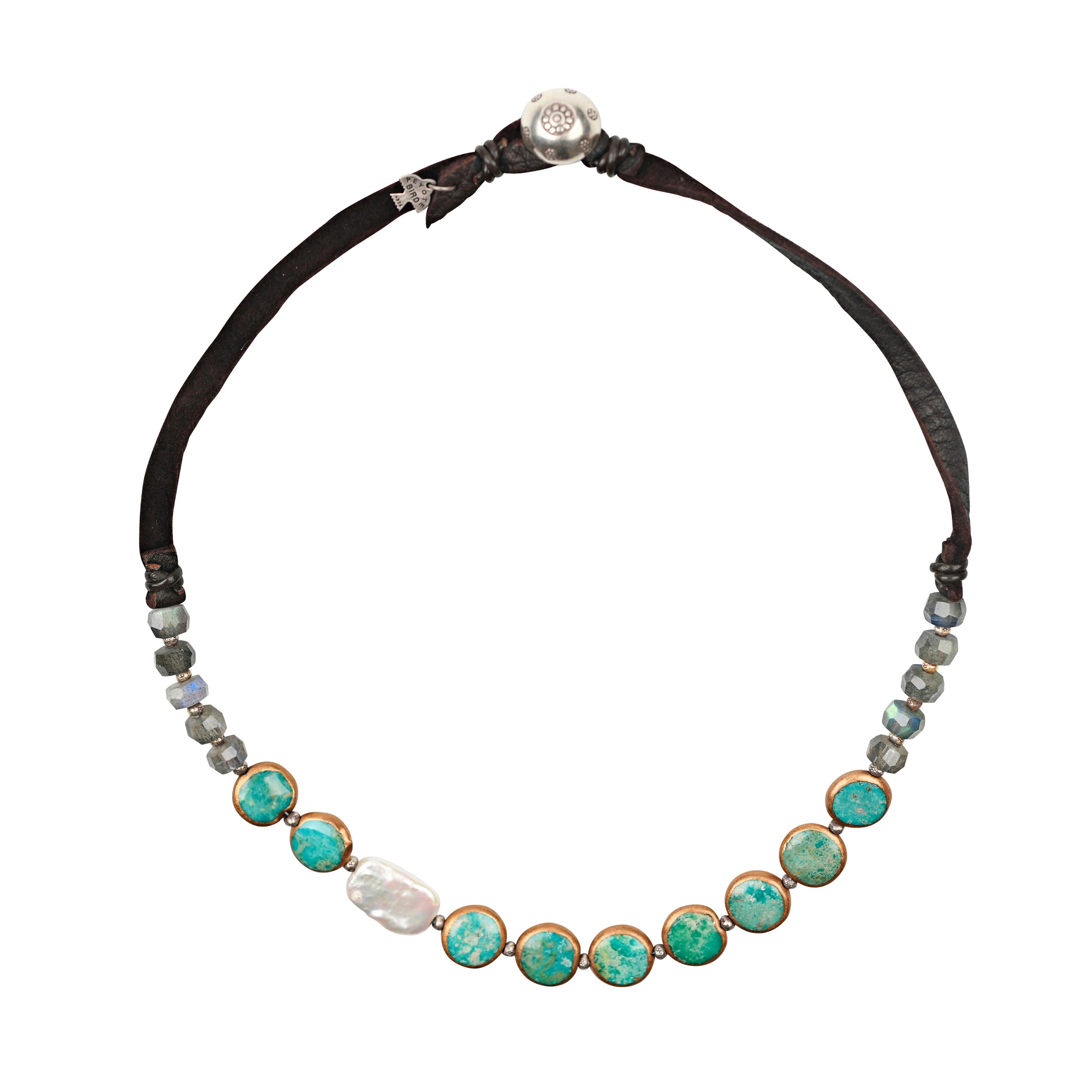 A Peyote Bird Original Necklace strung with Labradorite, electroplated Turquoise, and a large Freshwater Pearl. Strung with soft deerskin leather for a comfortable fit and finished with a stamped Sterling Silver button.