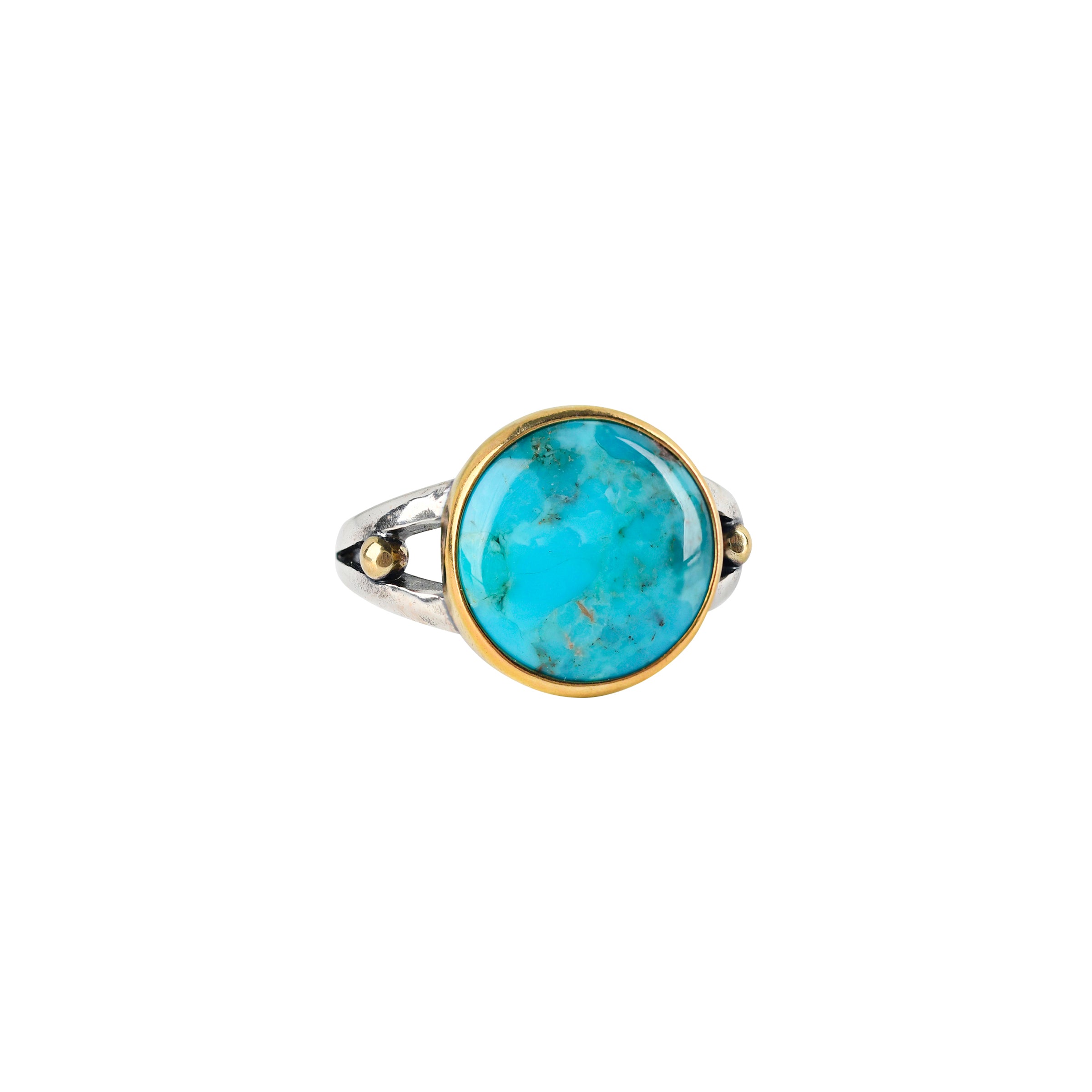 This stunning, circular  Blue Turquoise ring is made with 14k Gold and Sterling Silver. 