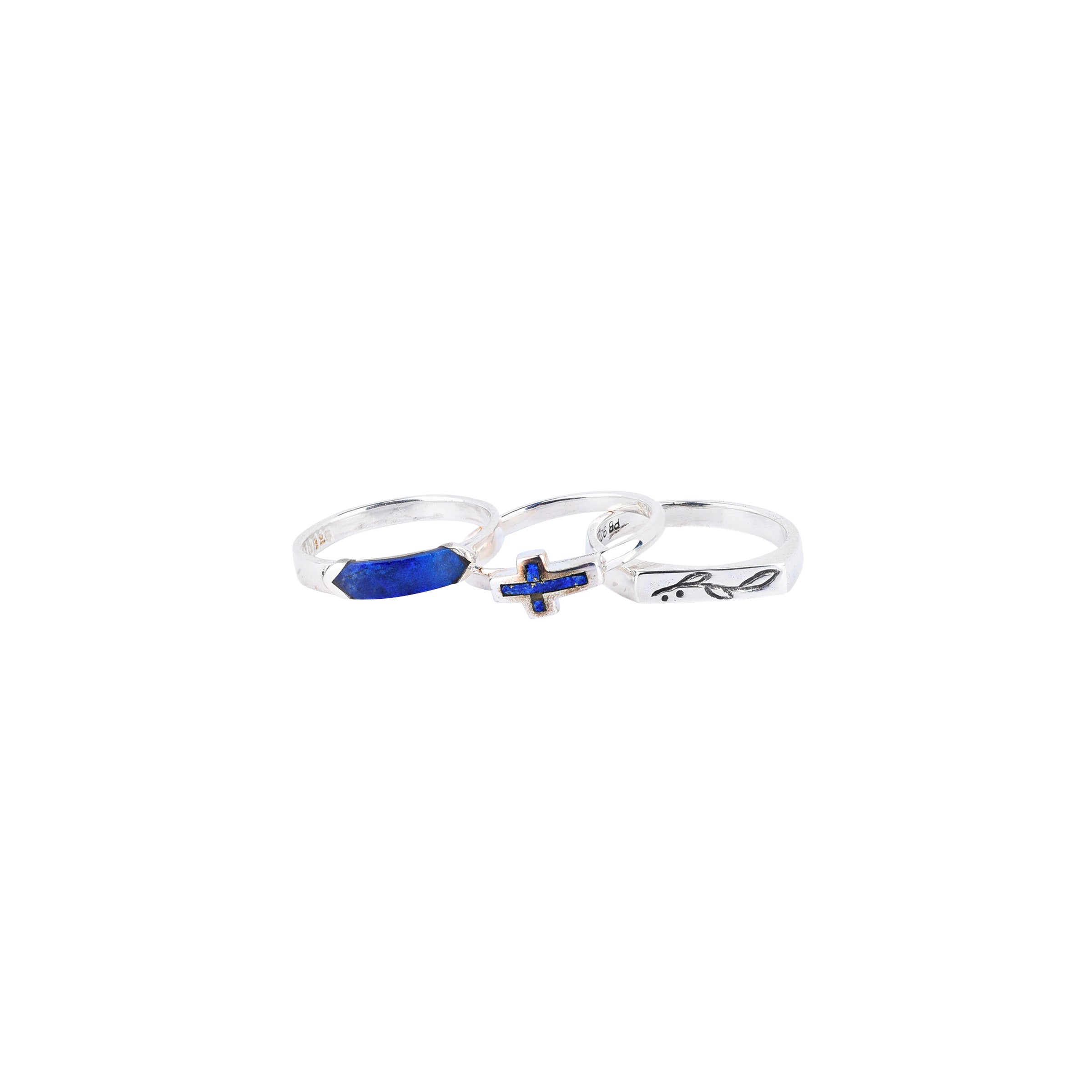 Set of 3 Sterling Silver Rings of inlayed Lapis featuring a bar of gemstone, a gemstone Cross, and stamped Sterling Silver of a vine.