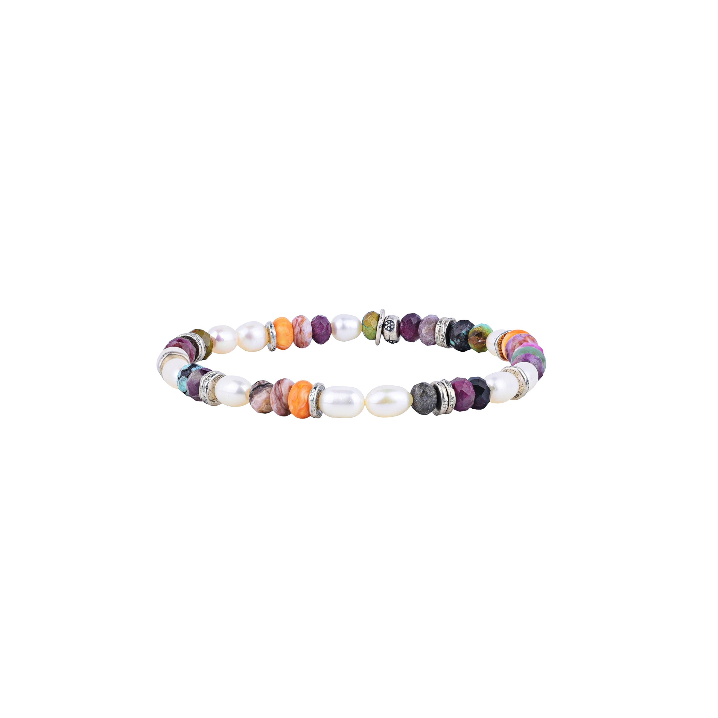 Monument Valley Multi Stretch Bracelet featuring Tourmaline, Turquoise, Orange Spiny Oyster Shell, and Pearl topped with delicate Sterling Silver spacers.