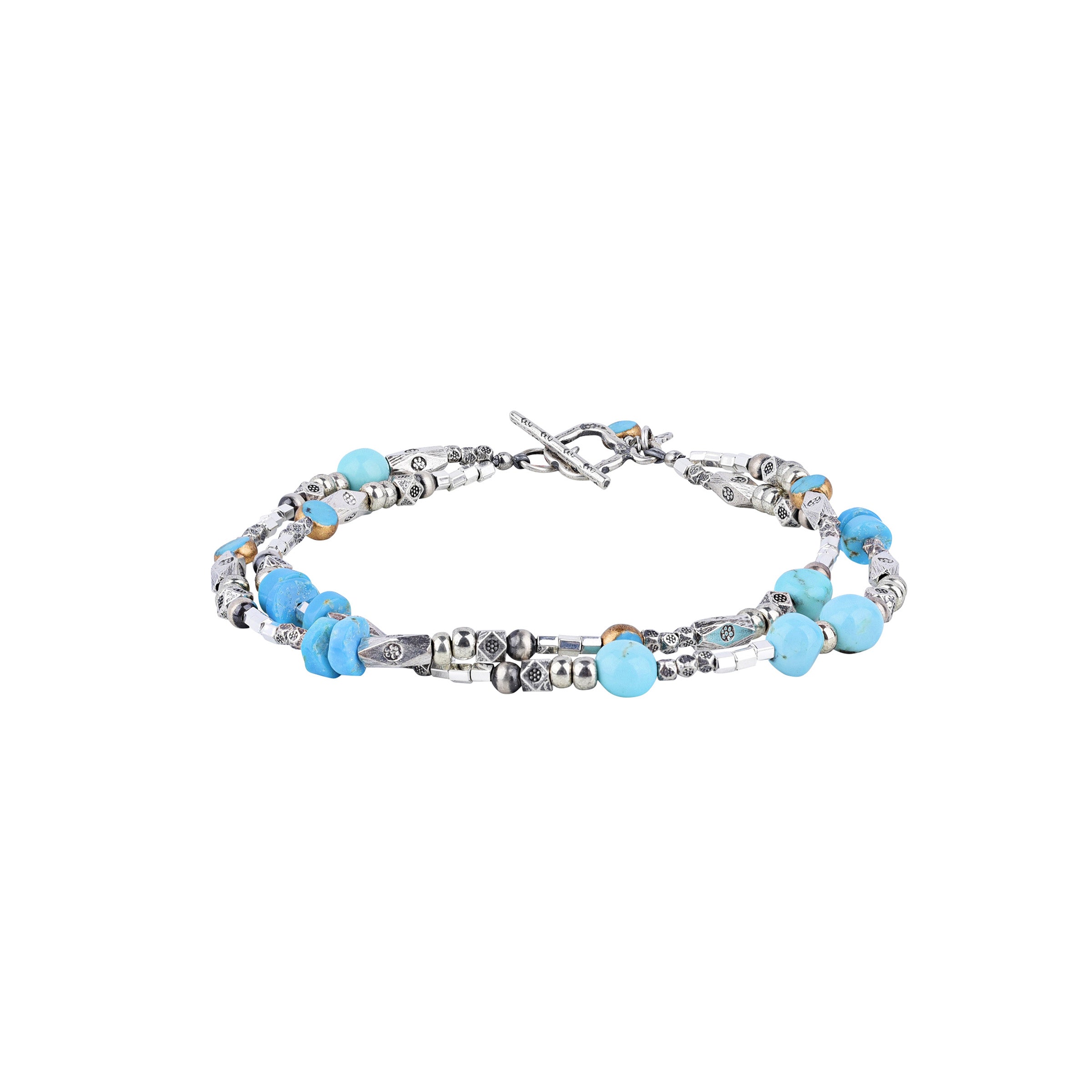 Sterling Silver and Turquoise Multi Strand Beaded Bracelet featuring Turquoise Nuggets