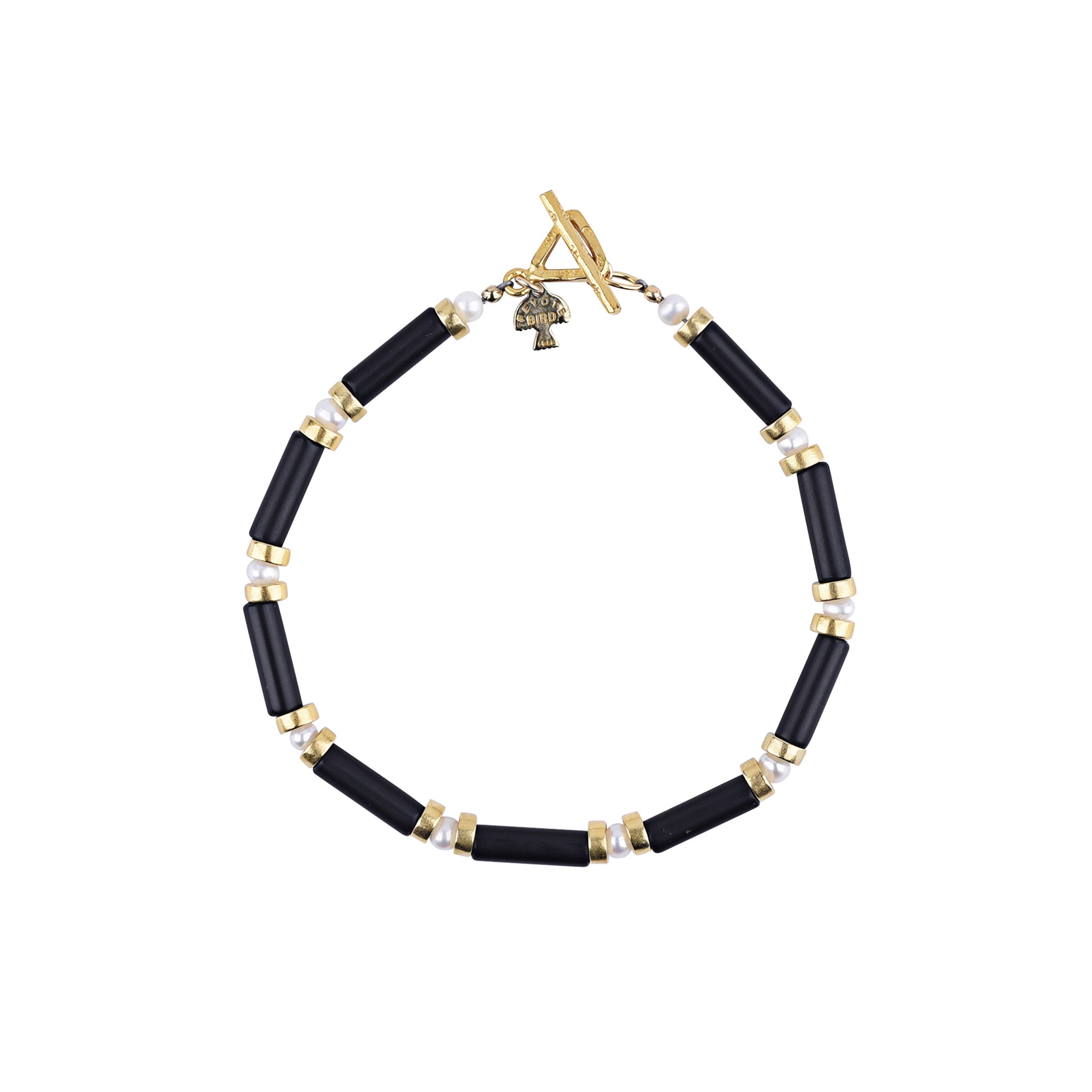 This beaded men's bracelet is strung with strong accents of Onyx topped accompanied by Pearls and 14k Gold Plate accent beading.