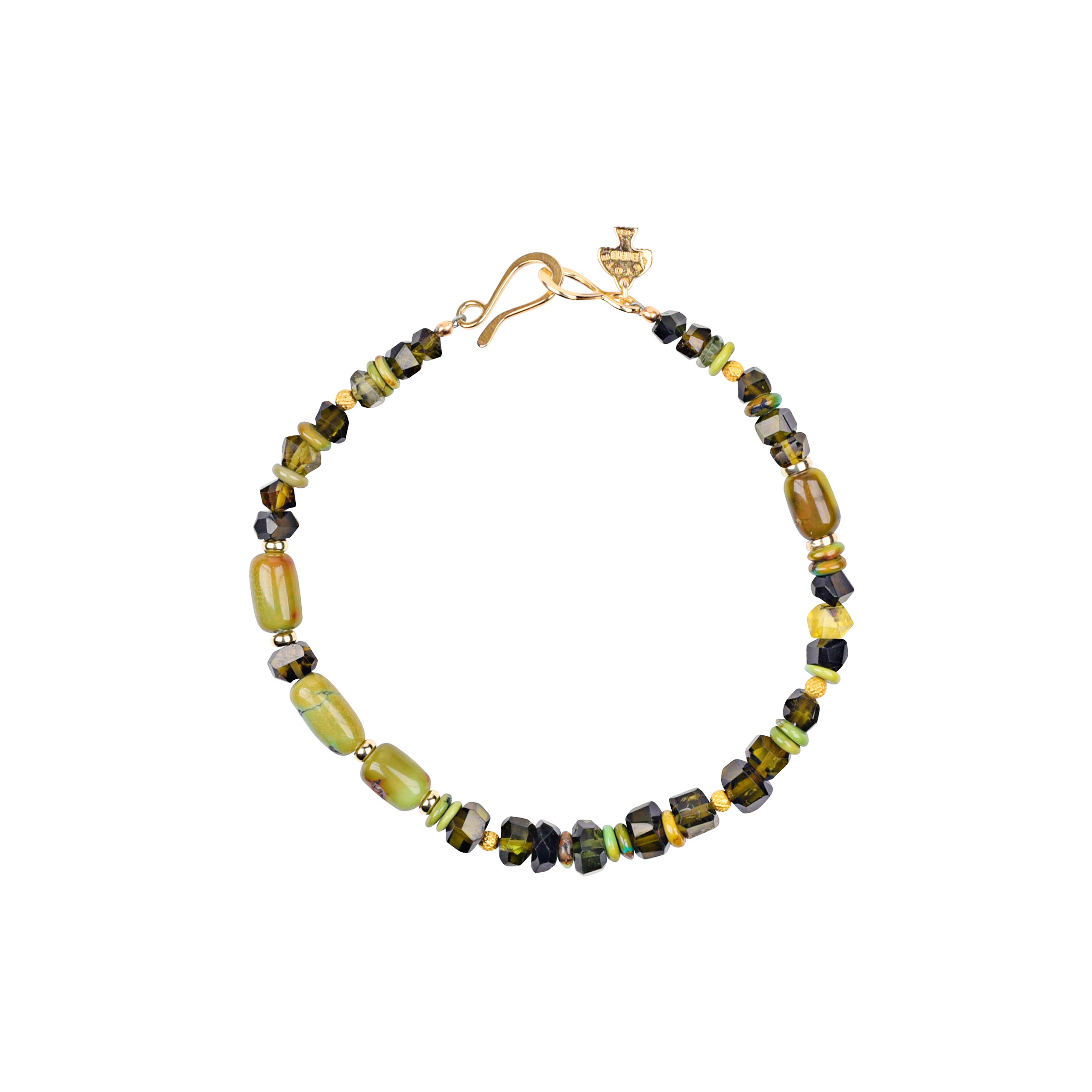 Green toned beaded bracelet with gold hook closure. 