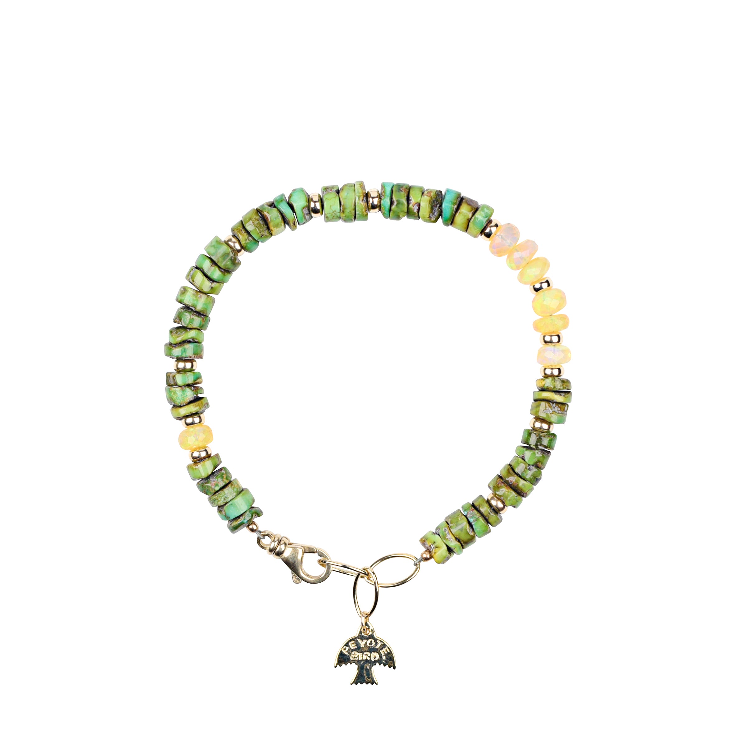 Made with Men in mind: the Padma Bracelet is strung with bold beads of Sonoran Gold Green Turquoise and features of Ethiopian Opals.