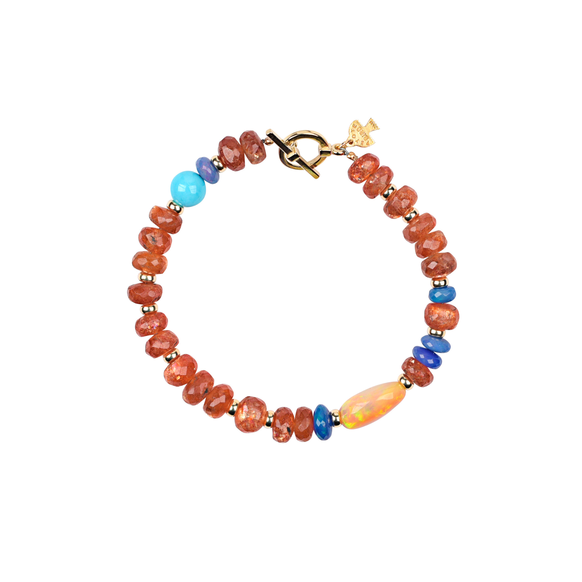 Sunstone and accent bead beaded bracelet with gold accents and gold toggle closure. 