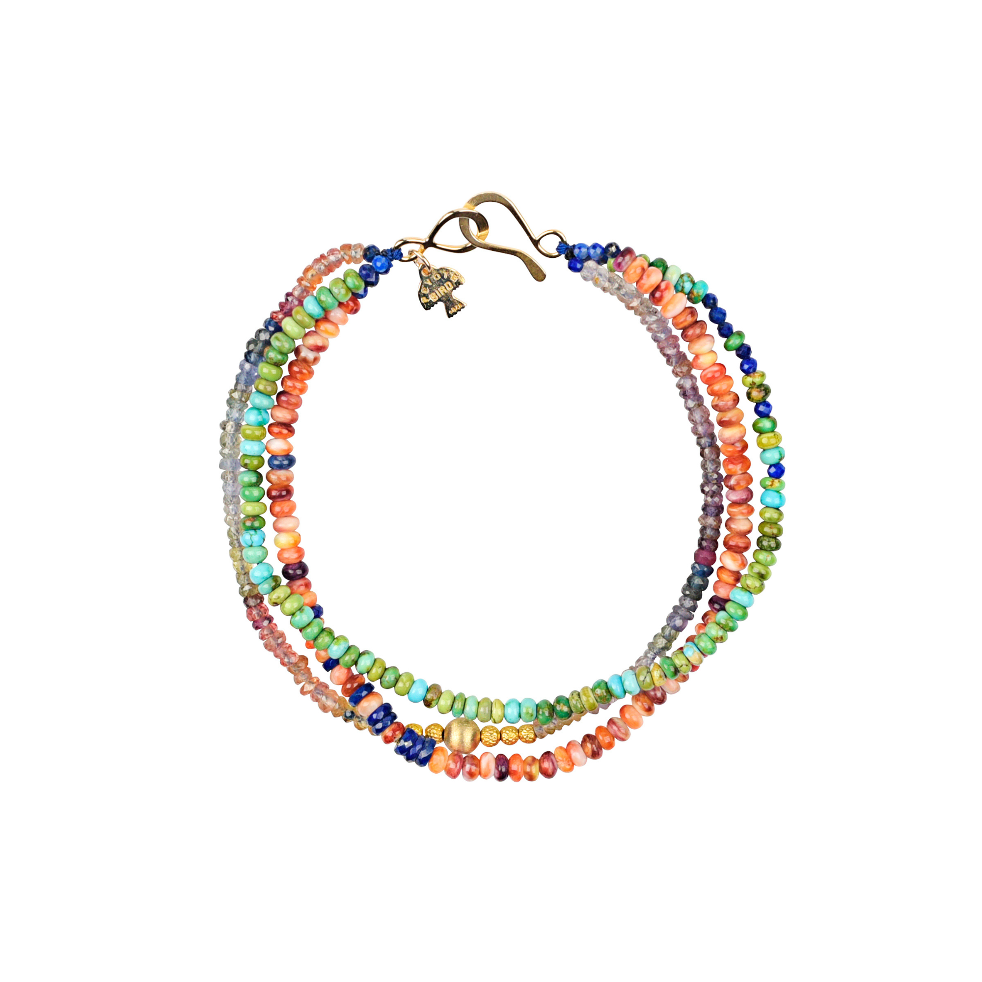 3 strand multi-stone beaded bracelet with gold hook closure. 