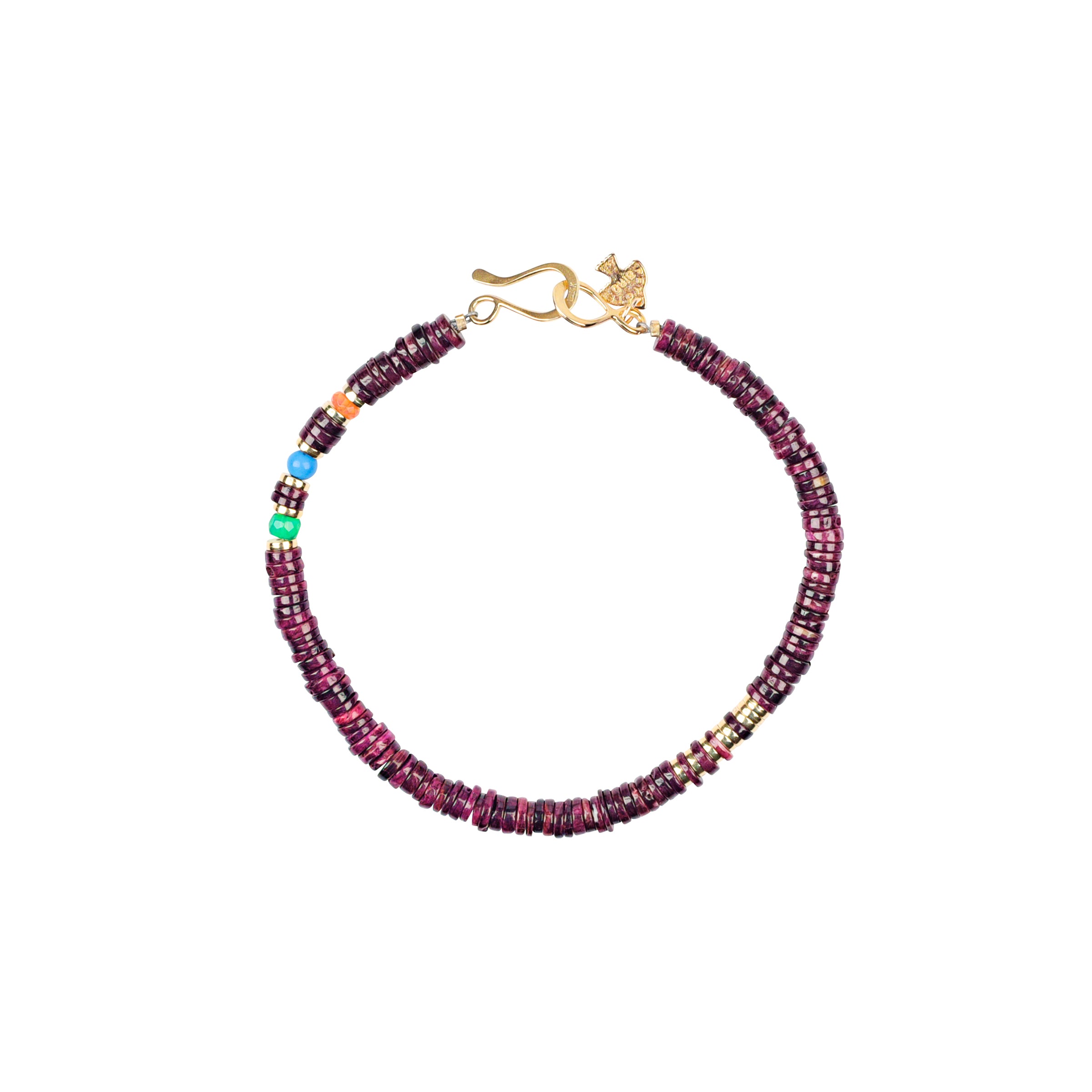 Purple beads with gold discs and 3 colorful accent beads make this bracelet with gold hook and eye closure. 
