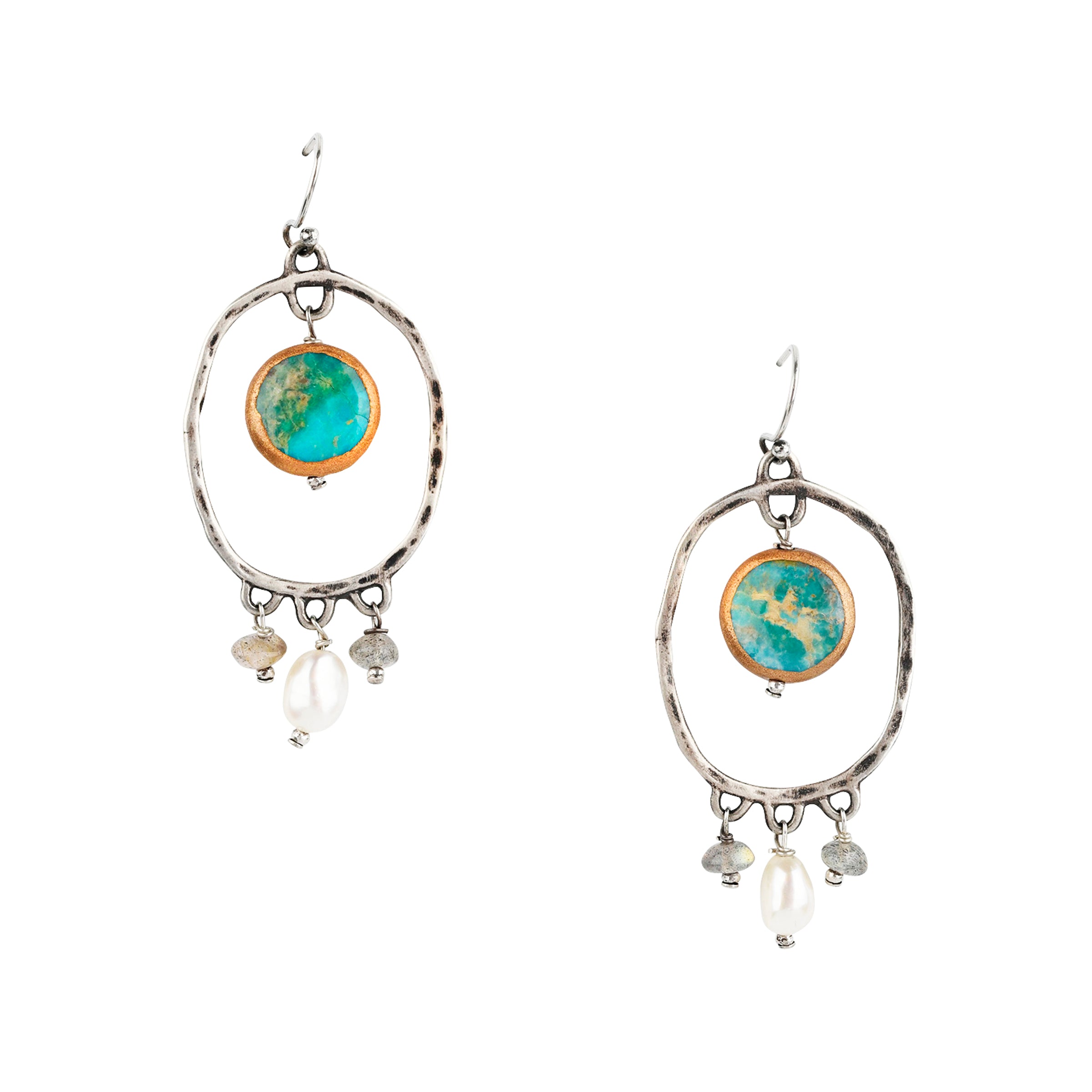 The Seraphine Earrings are a chandelier-type earring featuring charms of electroplated Turquoise, Labradorite, and Freshwater Pearl.