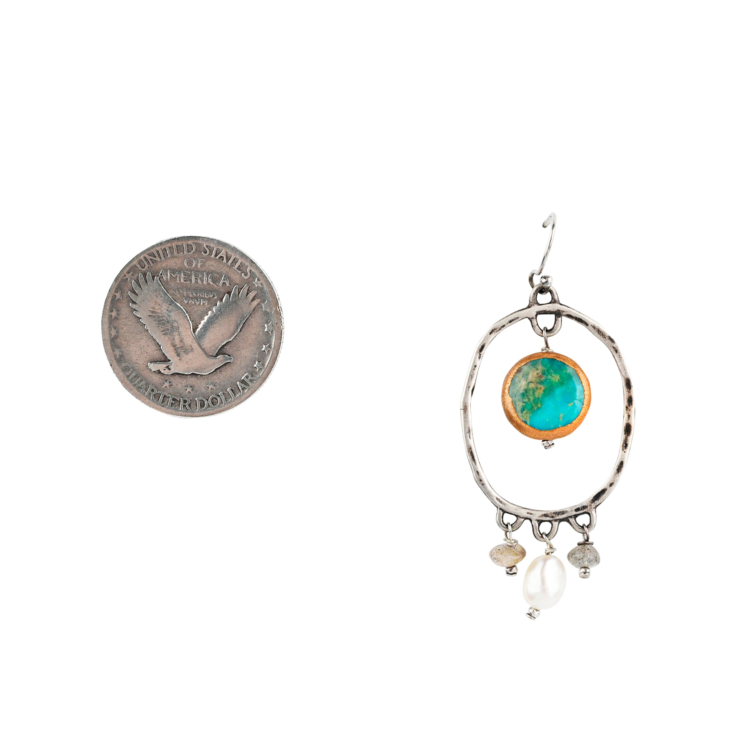 The Seraphine Earrings are a chandelier-type earring featuring charms of electroplated Turquoise, Labradorite, and Freshwater Pearl.