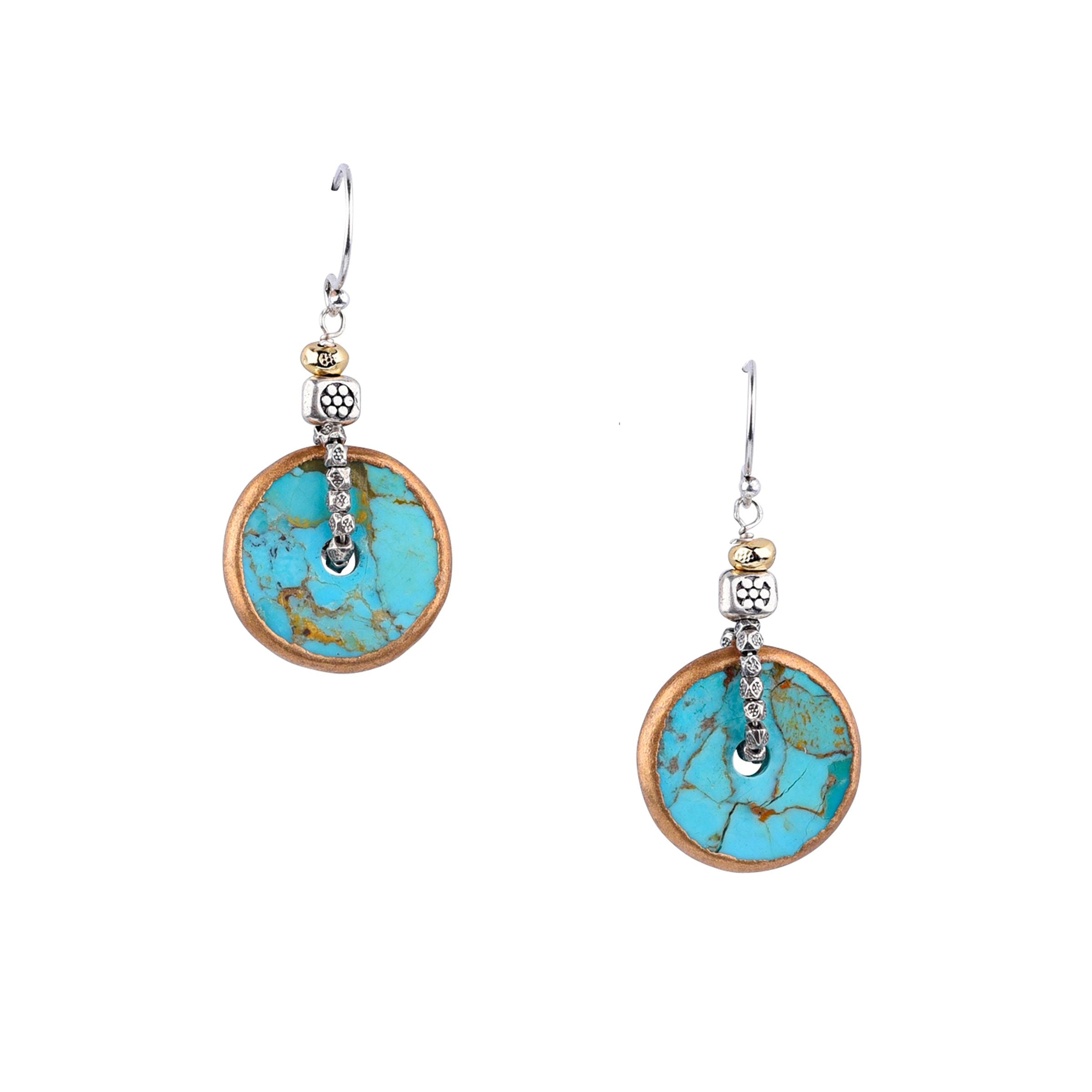 A pair of turquoise disc earrings with  14K gold plate and sterling silver.