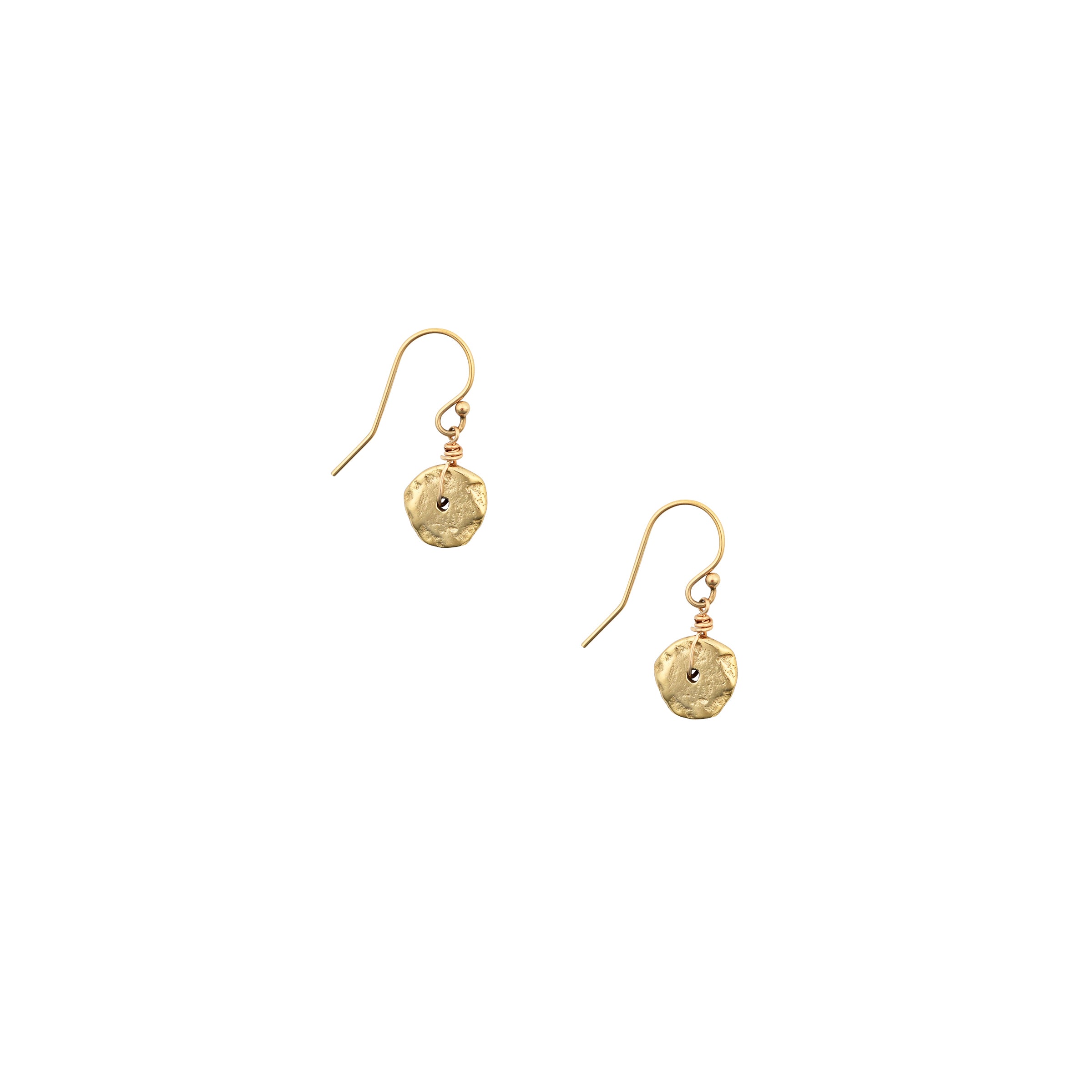 A small pair of drop, disk earrings made with 14k Gold Plate over Sterling Silver