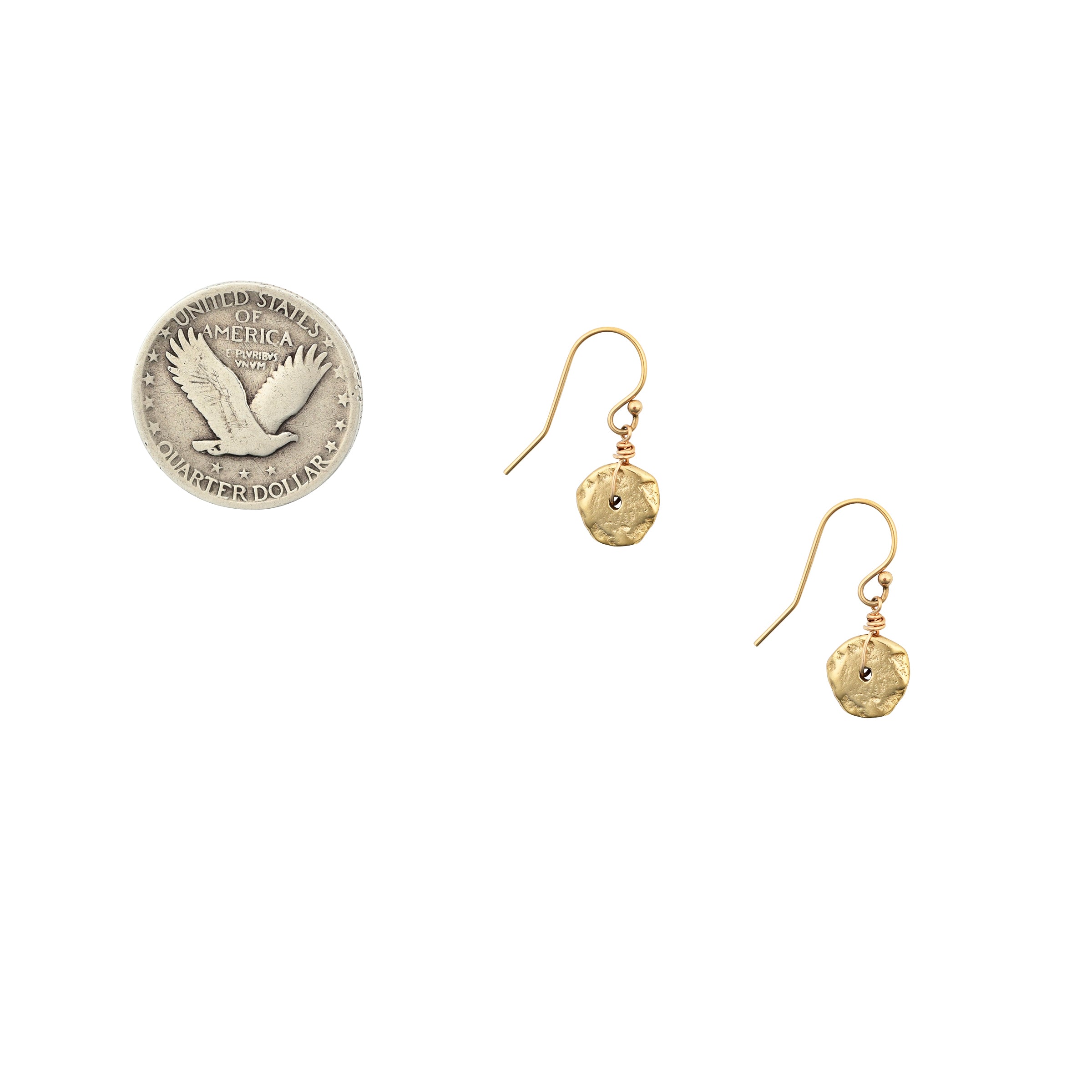 A small pair of drop, disk earrings made with 14k Gold Plate over Sterling Silver