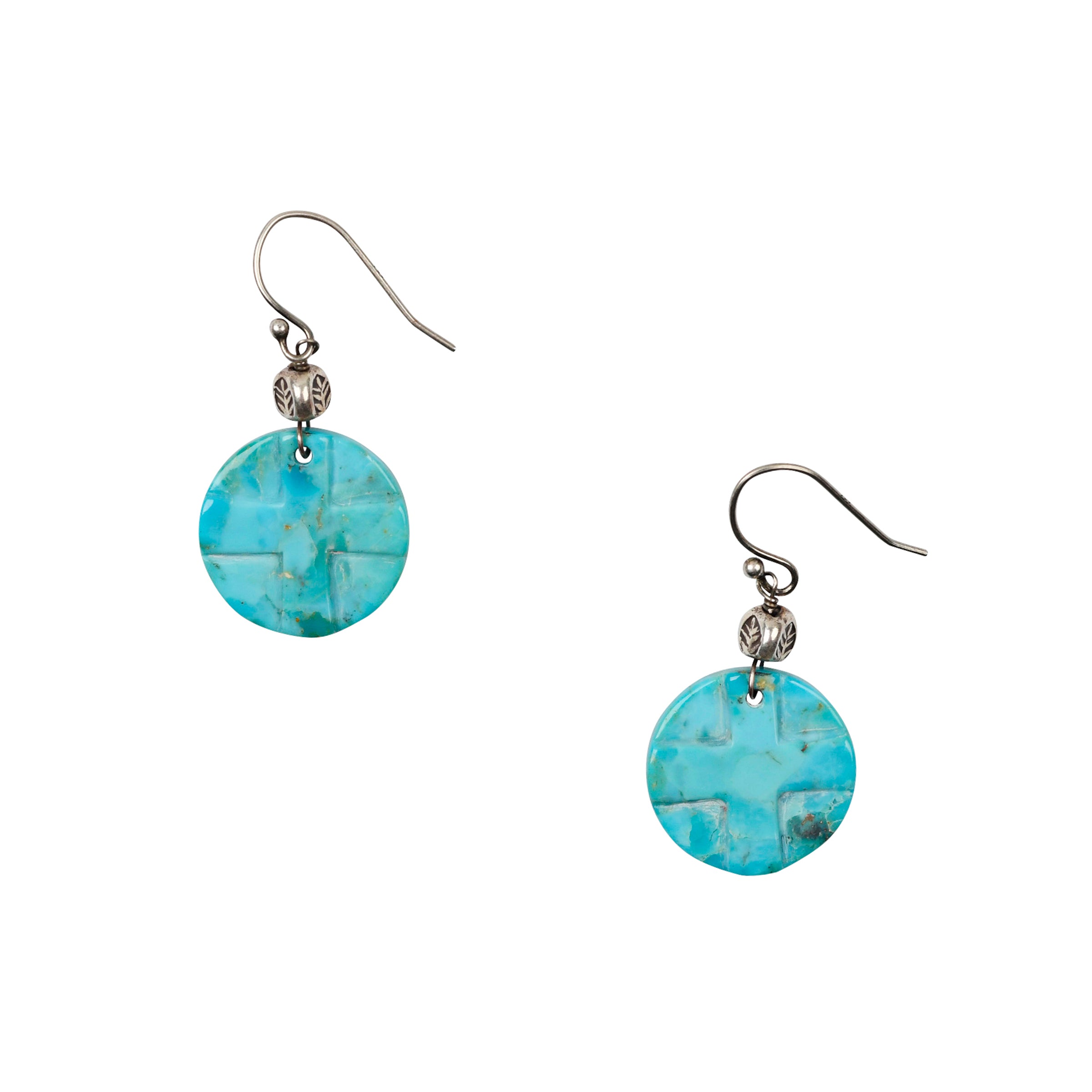Round Turquoise earrings with carved square crosses topped with a Sterling Silver accent bead