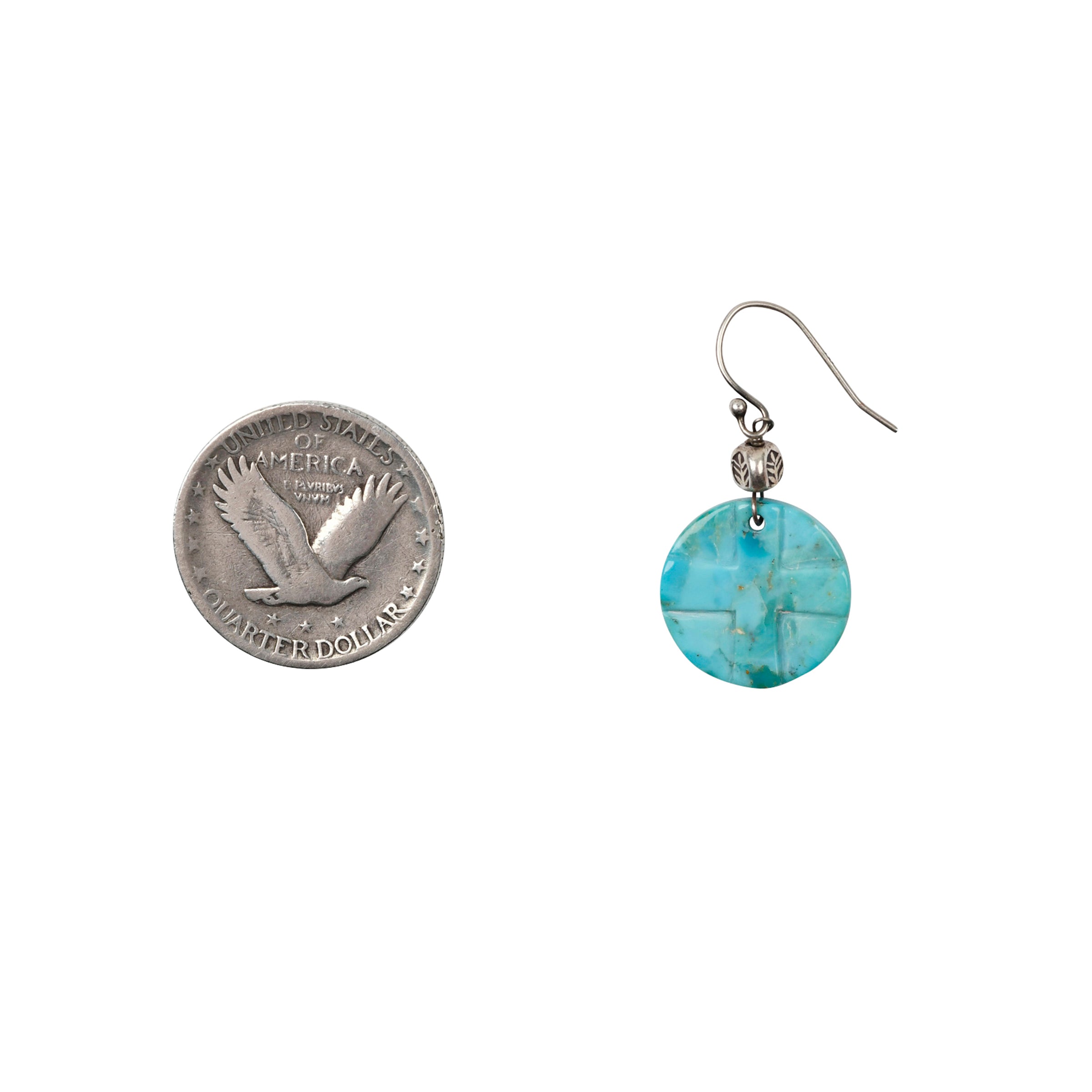 Round Turquoise earrings with carved square crosses topped with a Sterling Silver accent bead