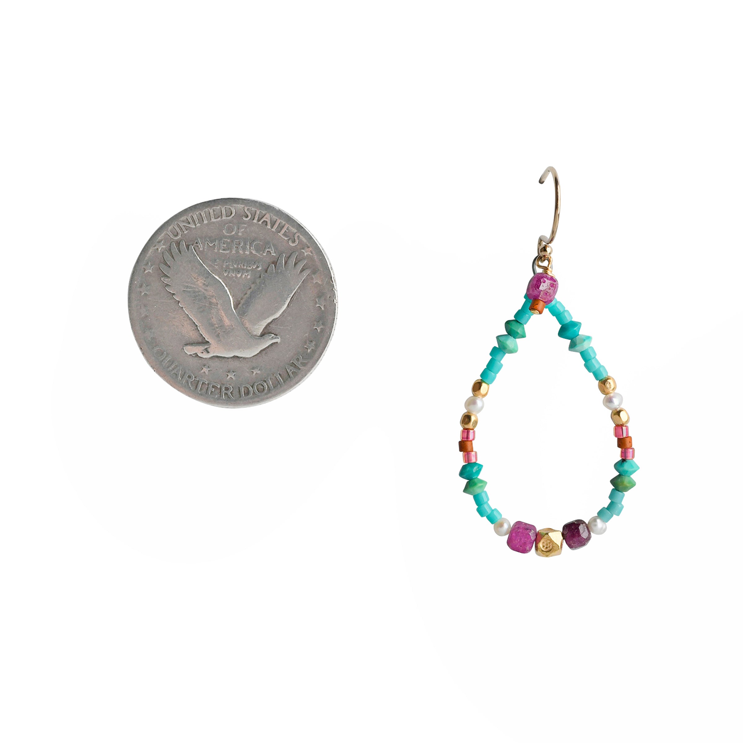 A vibrant pair of teardrop beaded earrings strung with Turquoise, Ruby, and Freshwater Pearl with 14k Gold Plate accents.