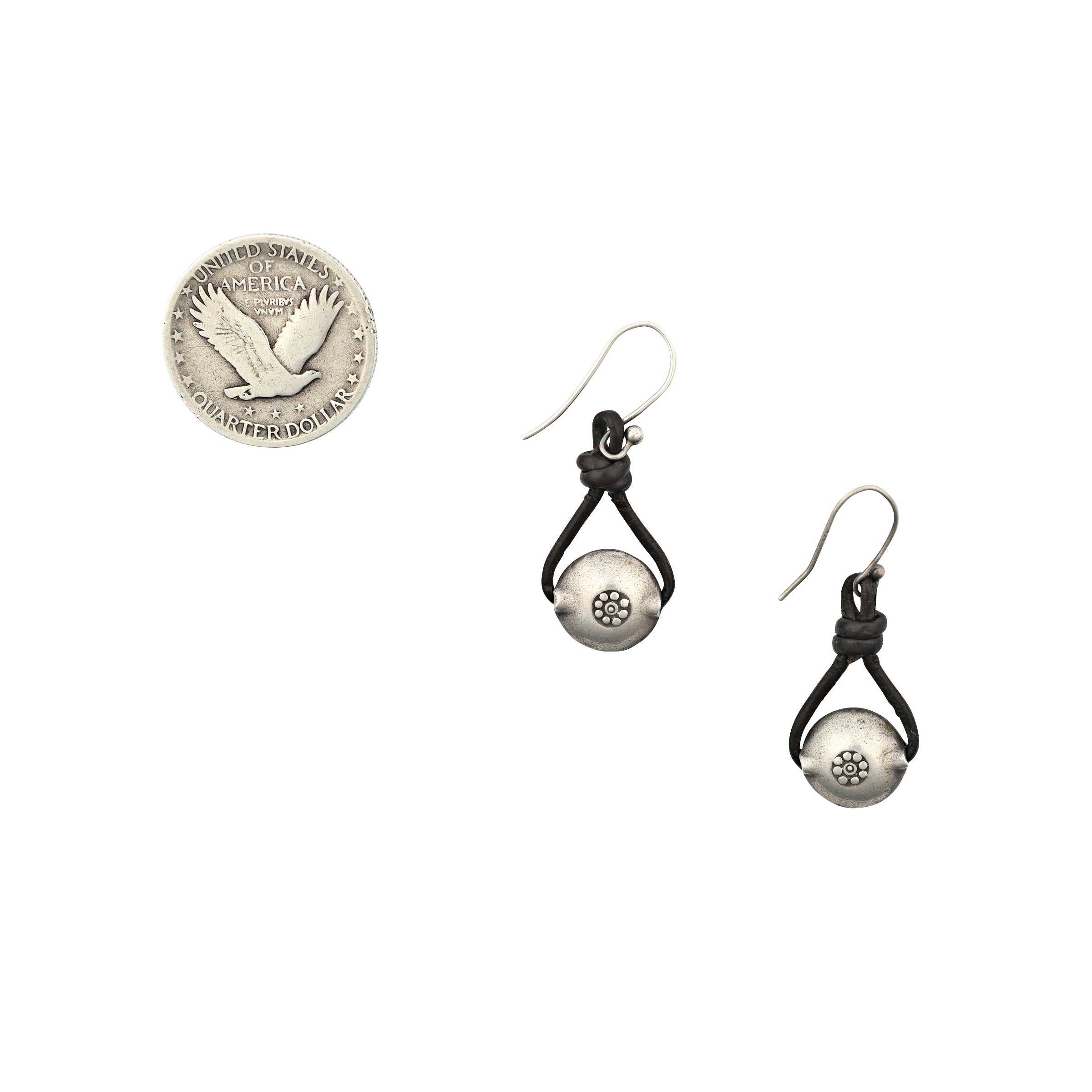 The Denim's Best Pal Earrings were consistently a Sundance Catalog bestseller! Designed with Denim in mind, these earrings are the perfect addition to your everyday look. Featuring leather loops with a stamped Sterling Silver bead as the centerpiece.