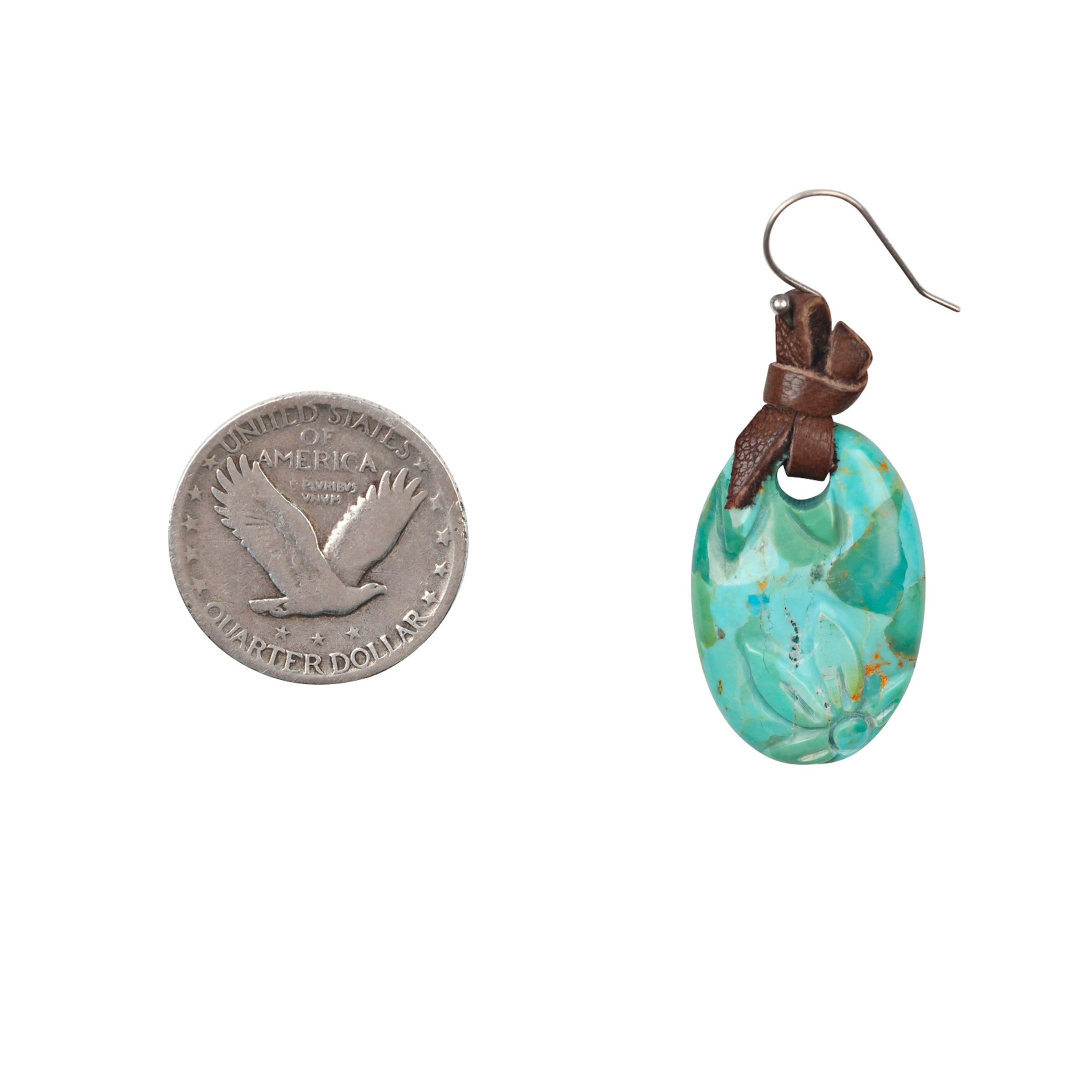 Oval Blue Turquoise Earrings with carved flowers hung on soft deerskin tied leather