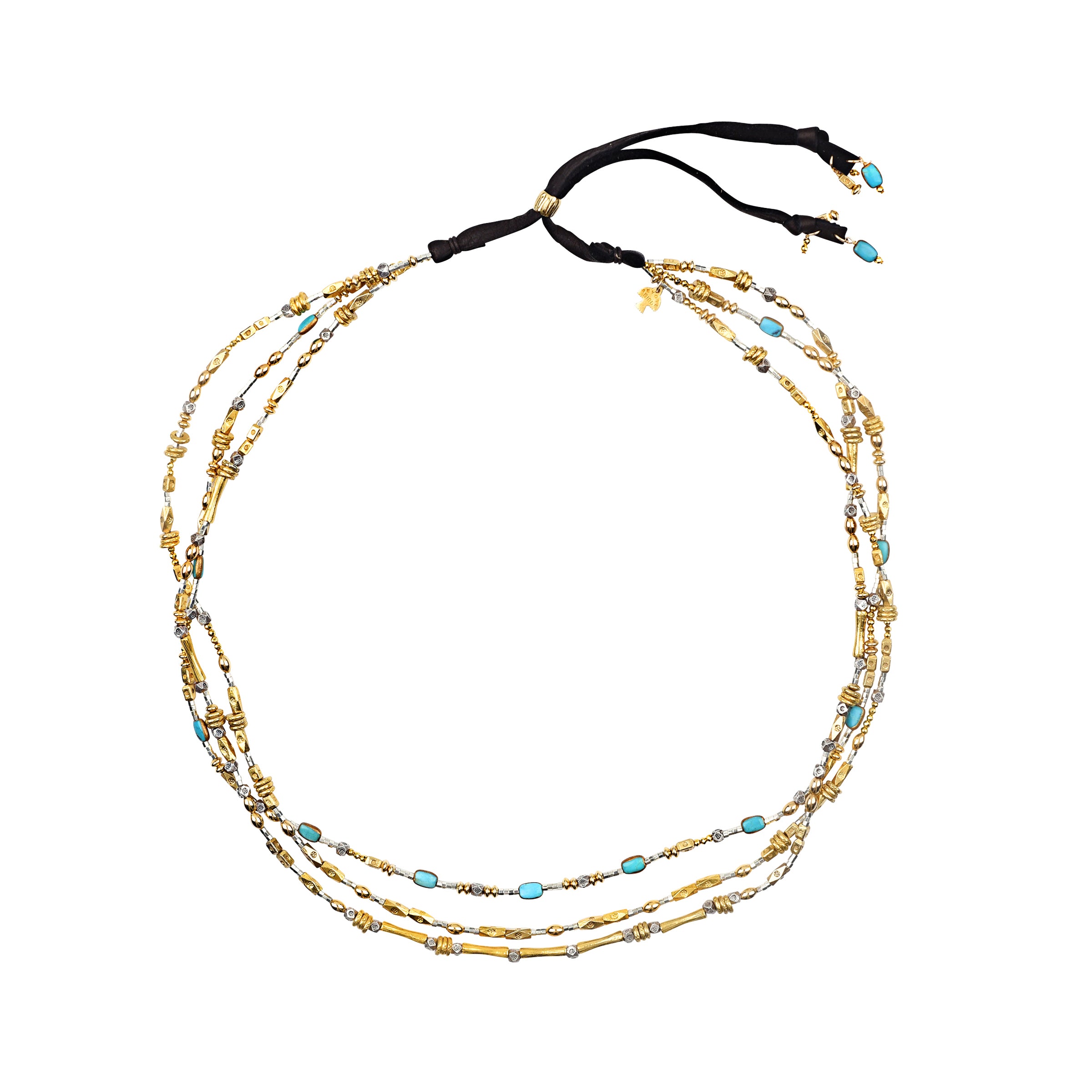 A Peyote Bird Original beaded hatband featuring three strands of mix metal beading: Thai Sterling Silver beads and 14k Gold Plated beading accompanied by pops of Blue Turquoise rectangular beading. Finished with dark brown Deerskin Leather and a 14k Gold Plated stamped slider for an adjustable fit.