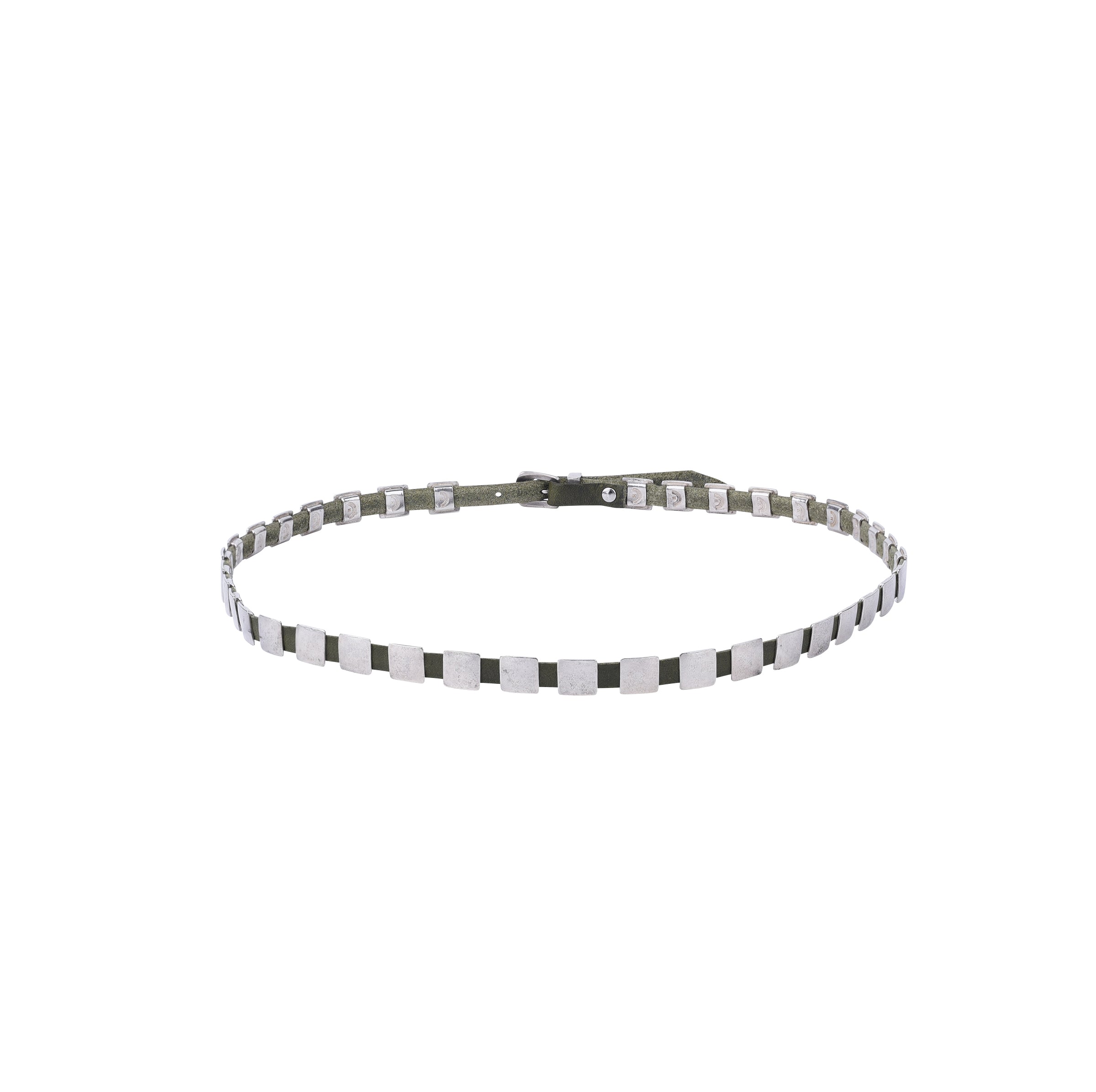 Leather hatband with sterling silver conchos. 