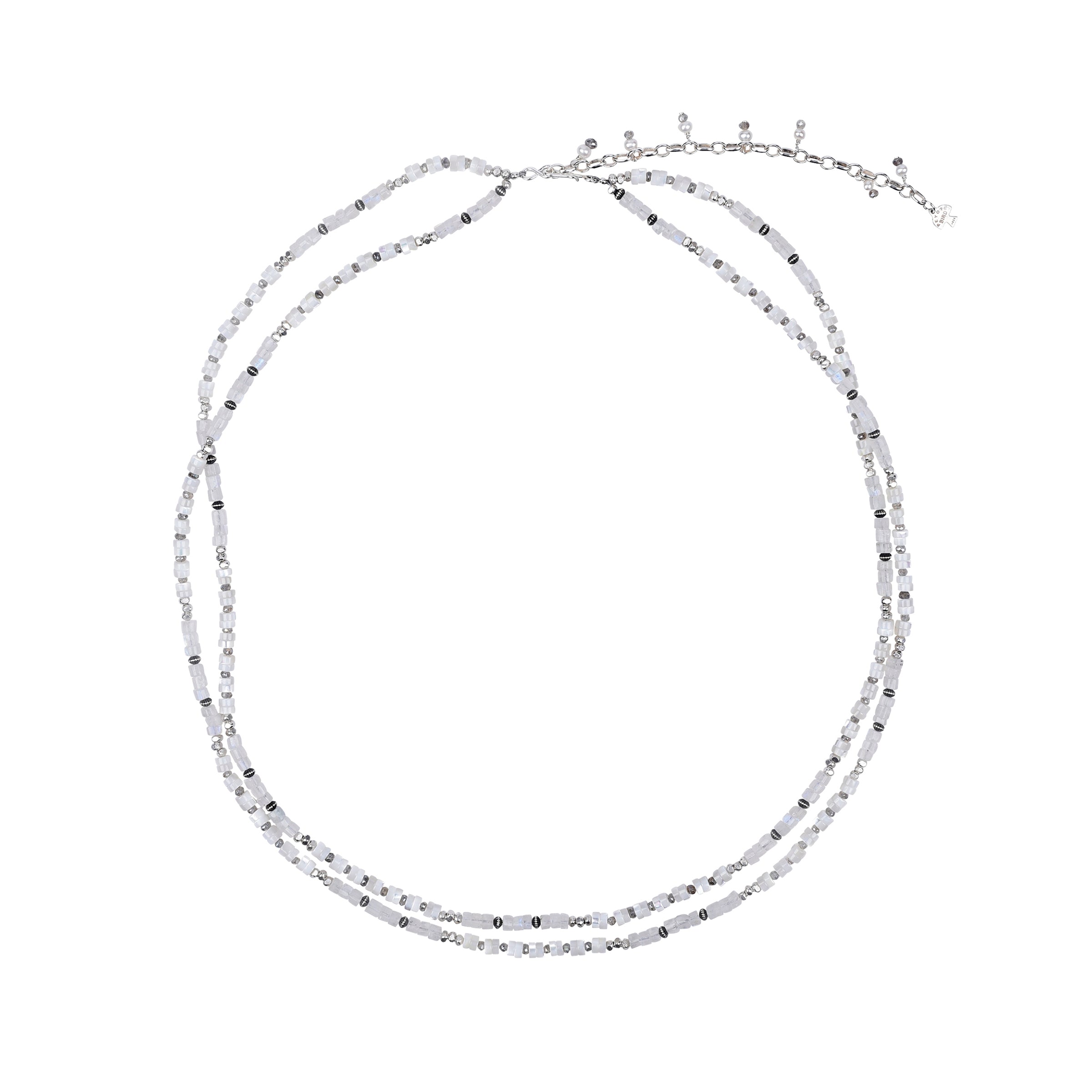 Two strand sterling silver hatband with Pearls, Mother of Pearl Heishi Beads, Labradorite, Moonstone and sterling silver beads mixed in with extender chain and hook closure. 