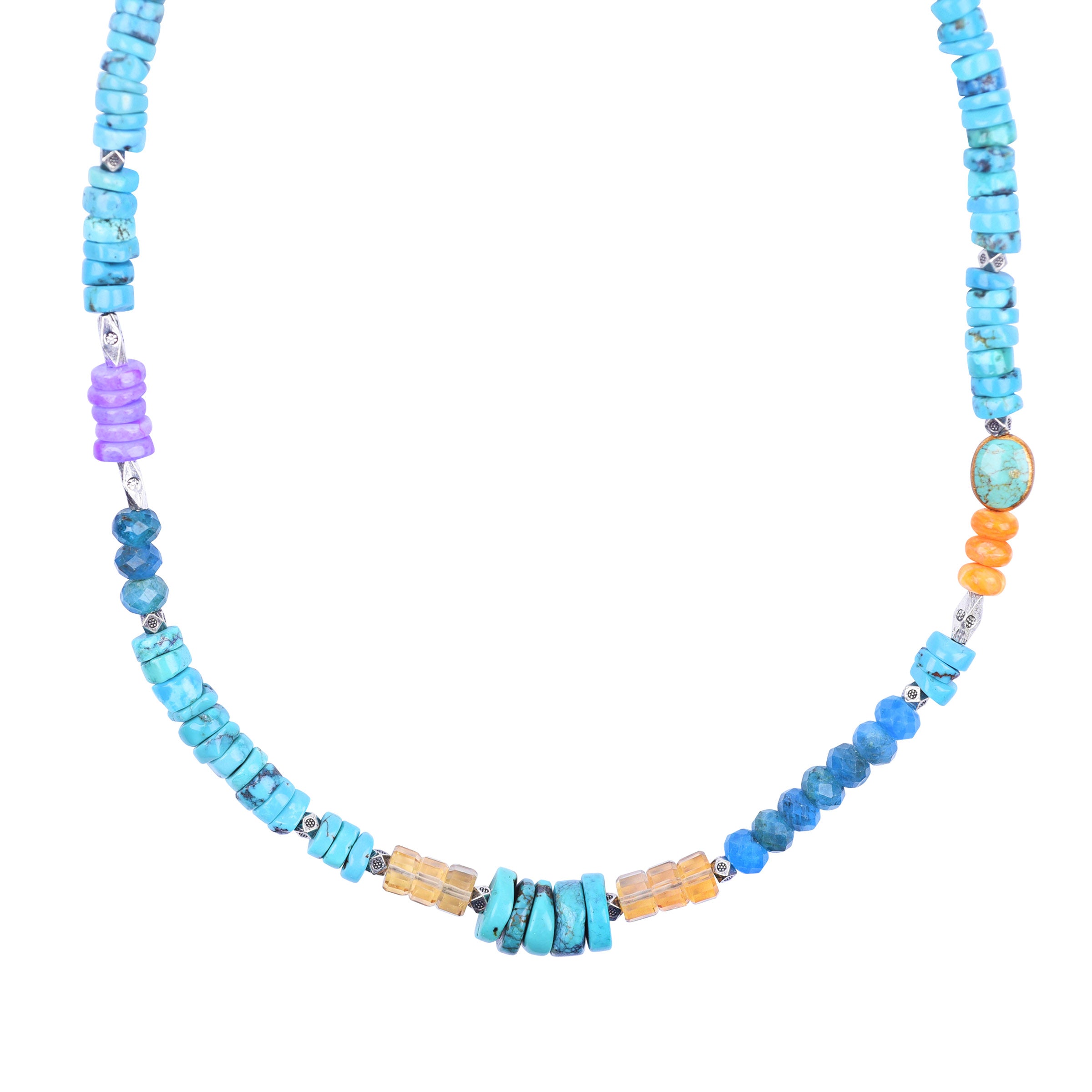 Peyote Bird Original necklace. The St. Moritz necklace features sterling silver, blue turquoise, orange spiny oyster shell, blue apatite, whiskey quartz, opal, and deerskin leather. Made in USA.