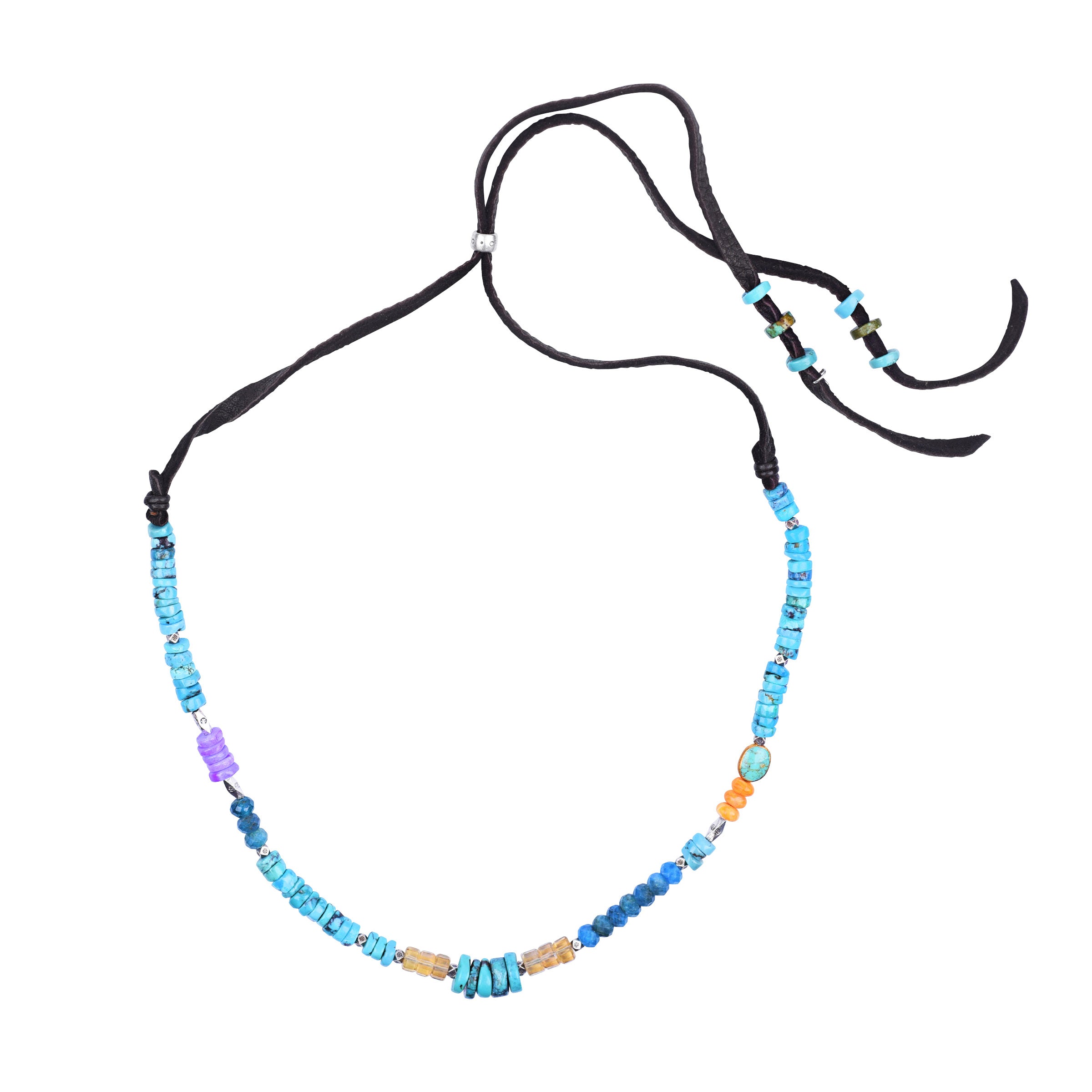 Peyote Bird Original necklace. The St. Moritz necklace features sterling silver, blue turquoise, orange spiny oyster shell, blue apatite, whiskey quartz, opal, and deerskin leather. Made in USA.