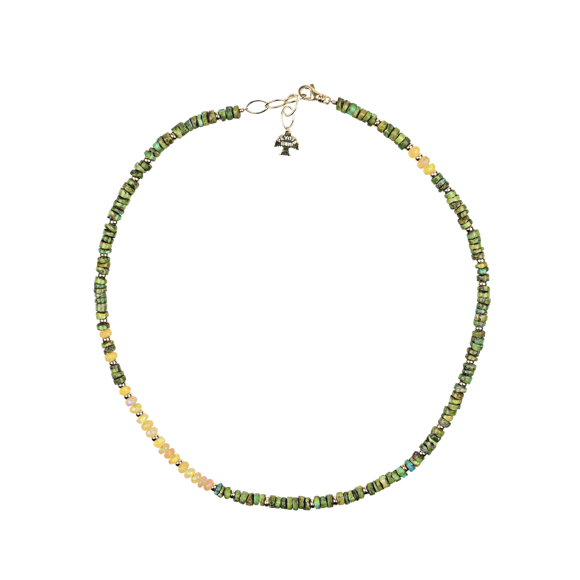 Made for Men in mind: this beaded necklace is strung with bold beads of Sonoran Gold Green Turquoise and features of Ethiopian Opals.