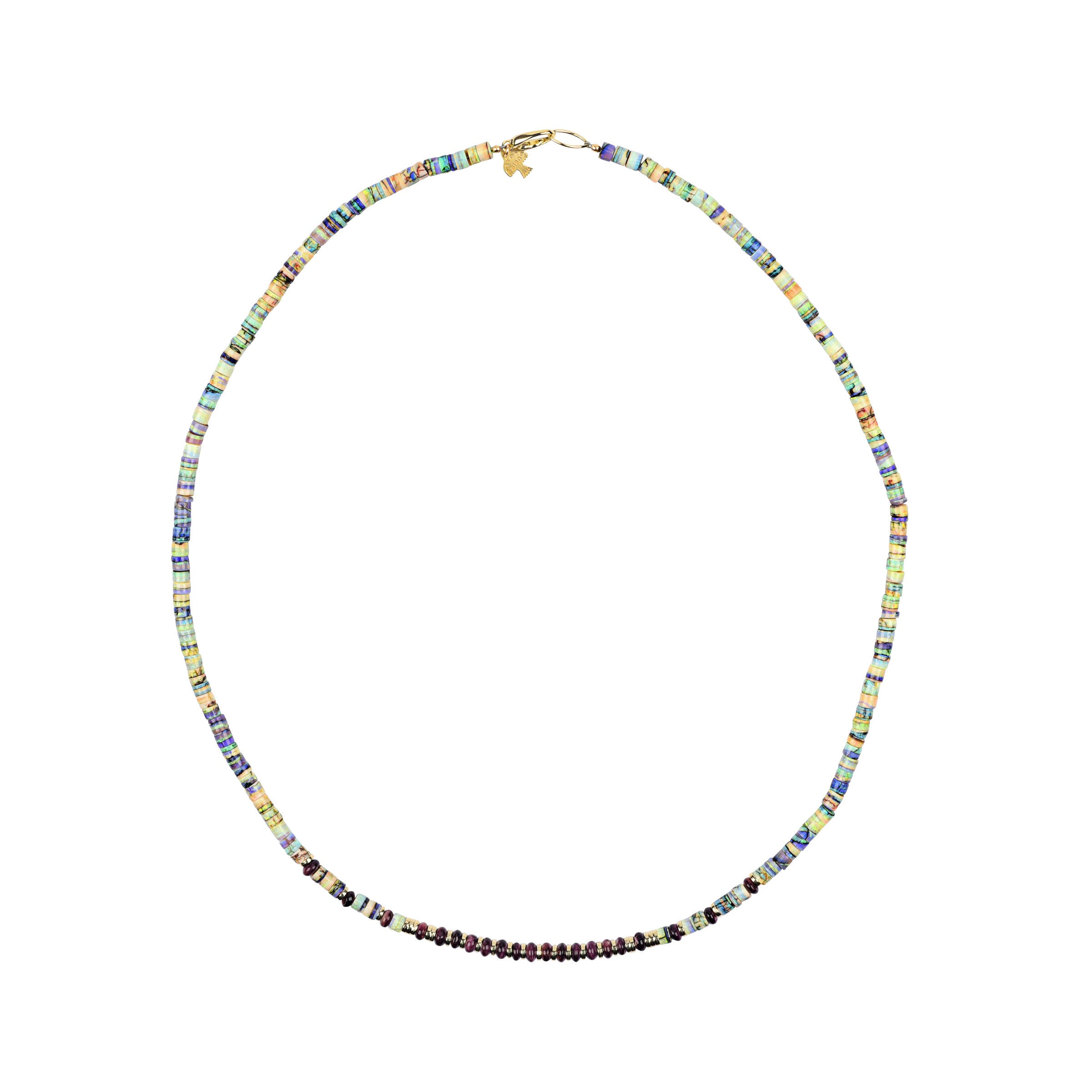 Opal and purple spiny oyster shell beaded necklace with gold accents and large gold lobster claw closure. 