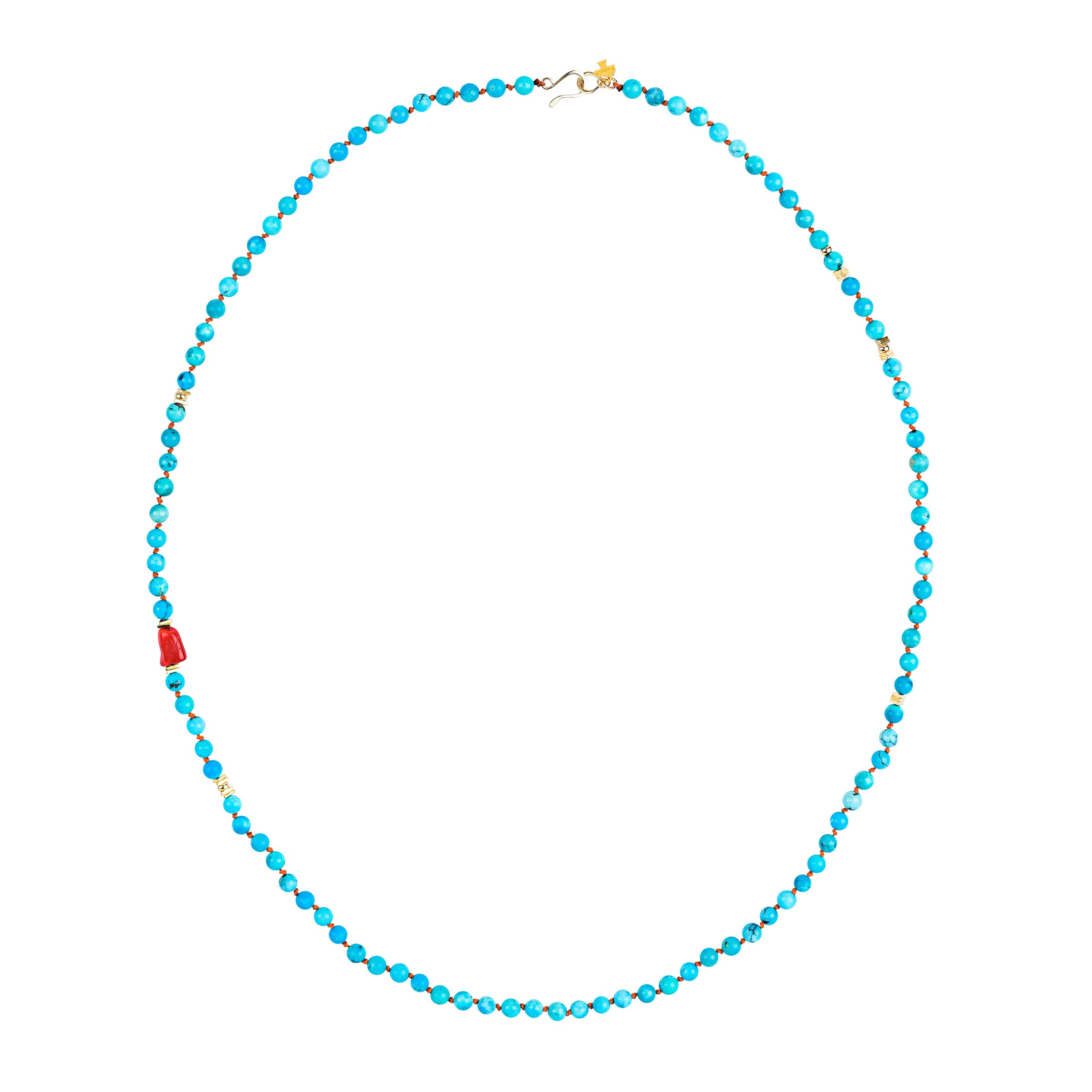 Turquoise beaded necklace with one coral accent bead and gold hook closure. 