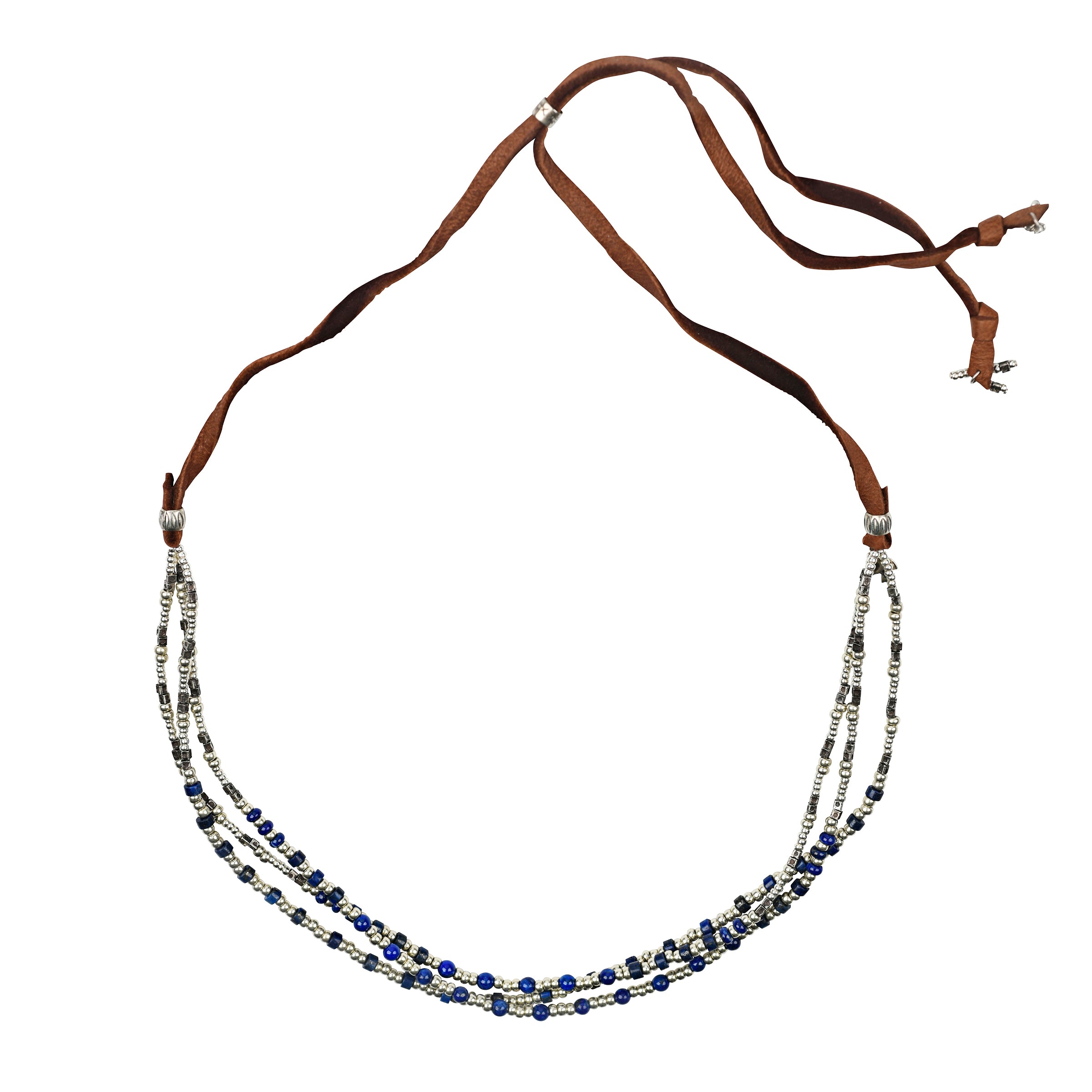 A multi-strand necklace that is strung with Sterling Silver, Lapis, and comes together with soft deerskin leather that is finished with a Sterling Silver slider bead for an adjustable fit.