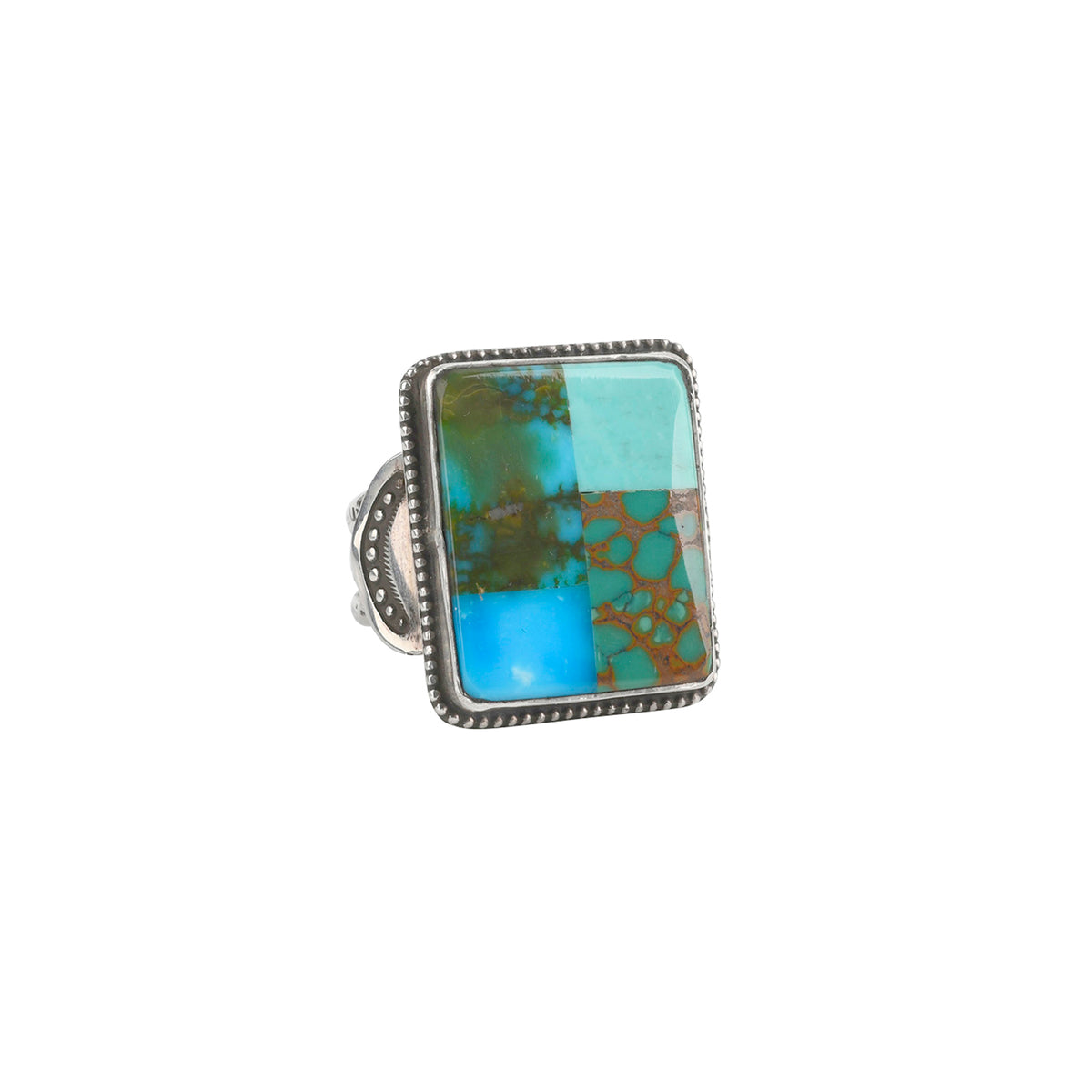 Sterling silver square ring with multiple Turquoise stone inlay in smaller squares. 